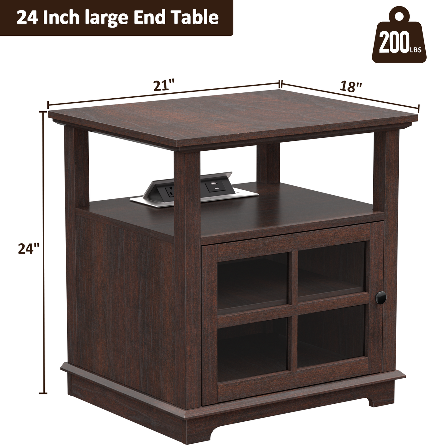 FAGAGA Living Room Side Table, End Table with Charging Station, Farmhouse Wood Nightstand with Large Storage, Bedside Table for Bedroom, Brown