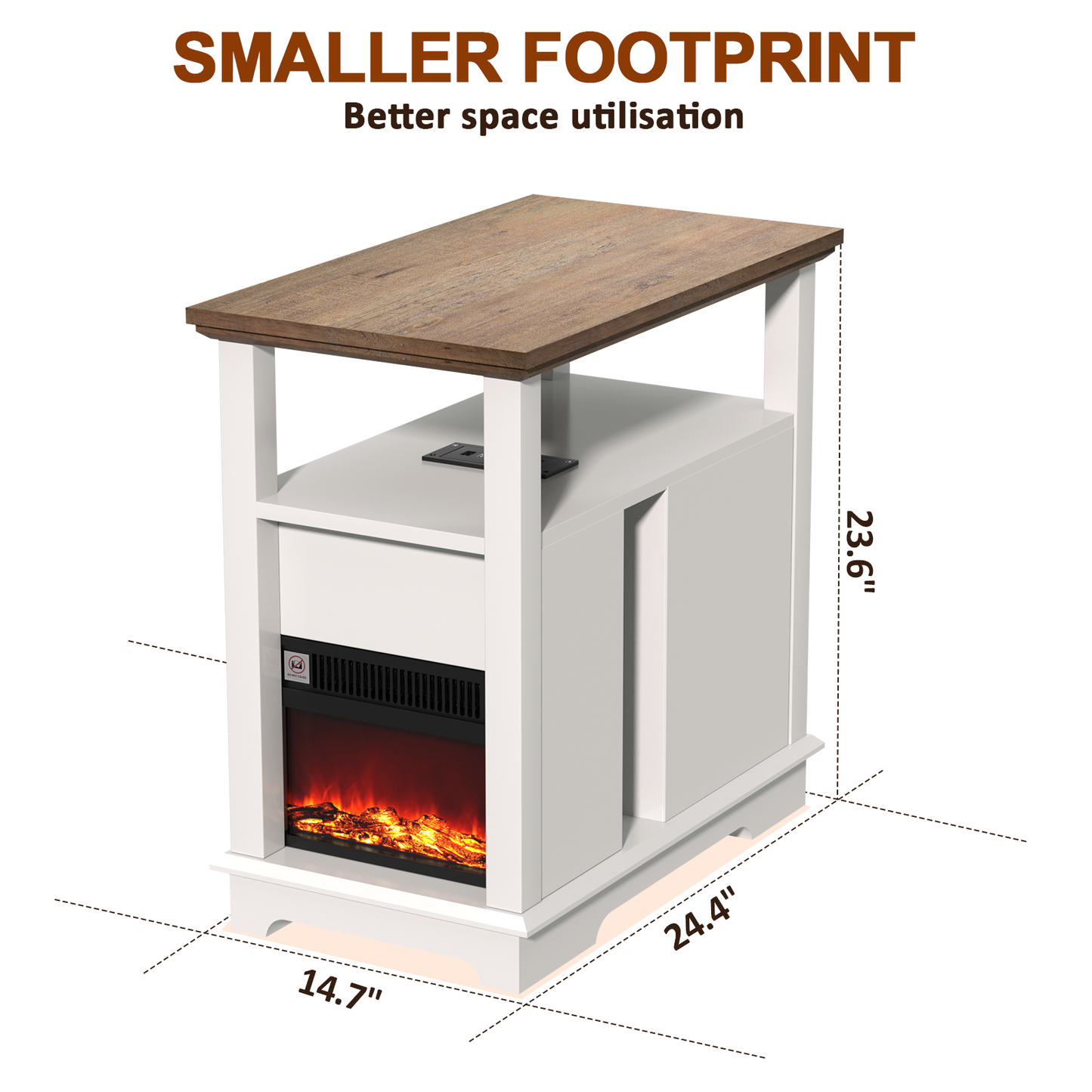 FAGAGA 14.7" Fireplace End Table with Charging Station, Storage Narrow Side Table, Wooden Nightstand with Electric Fireplace Heater for Bedroom Living Room