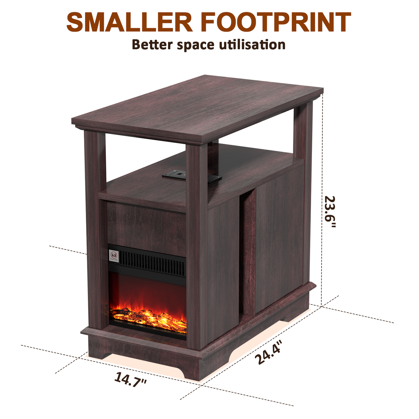 FAGAGA 14.7" Fireplace End Table with Charging Station, Storage Narrow Side Table, Wooden Nightstand with Electric Fireplace Heater for Bedroom Living Room