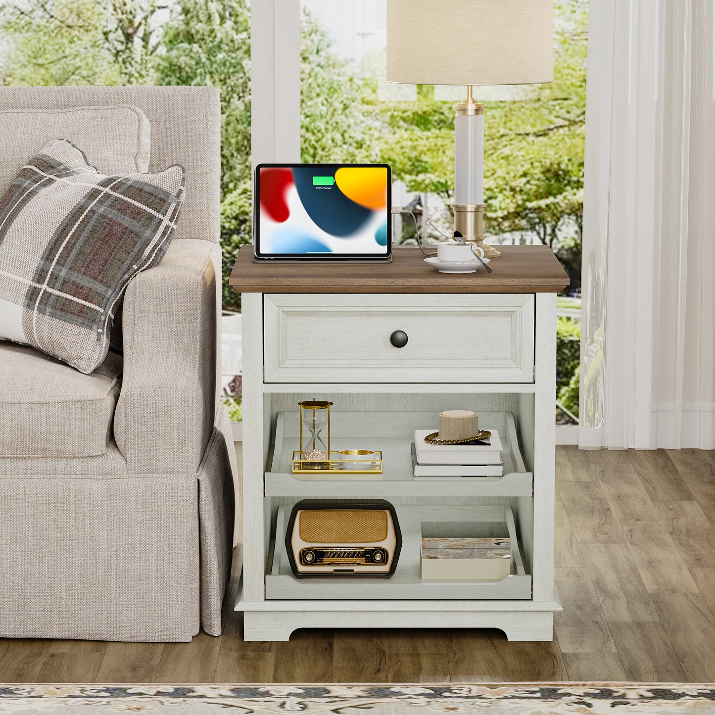FAGAGA Farmhouse End Table with Charging Station, Side Table with Drawer & Storage Shelf, Nightstand for Living Room Bedroom, Dorm, Office