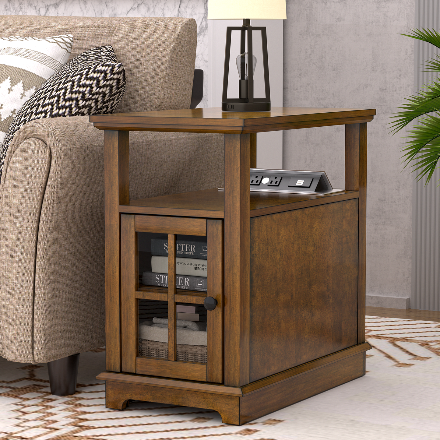 FAGAGA End Table with Charging Station, Side Table with Storage for Living Room and Bed Room, Power outlets & USB Ports, Adjustable Shelf