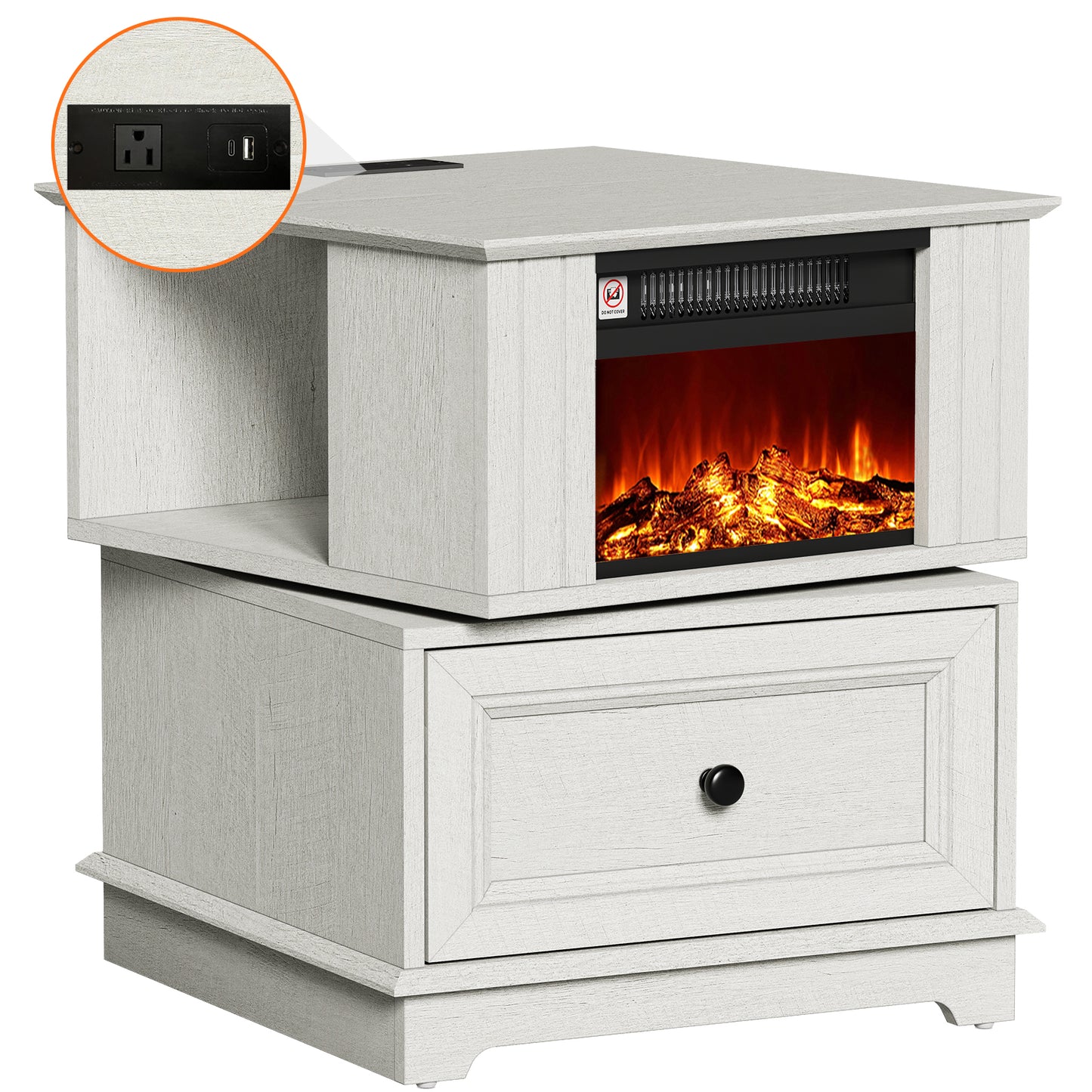 FAGAGA 19.7'' Fireplace End Table with Charging Station, Rotating Square Storage Side Table,Nightstand with Electric Fireplace Heater for Bedroom Living Room
