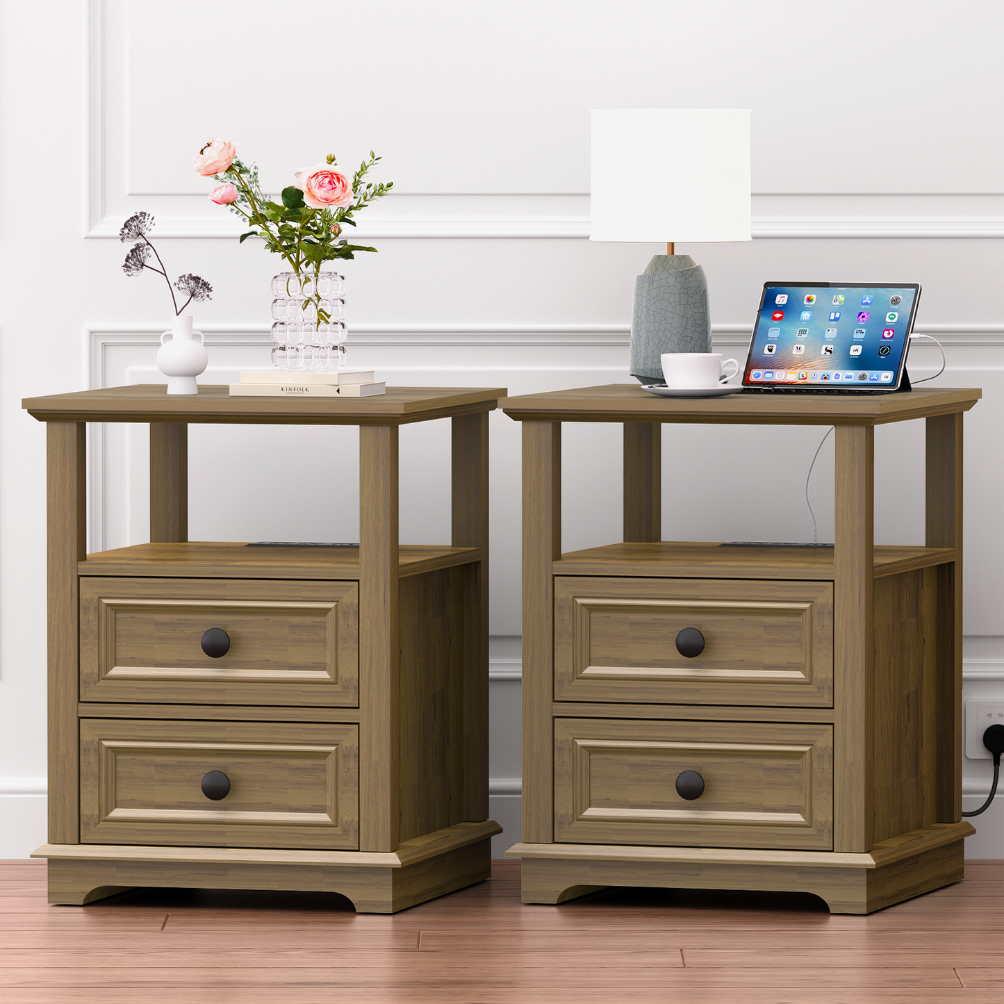 FAGAGA End Table with Fast USB C Charging Station, 24" Tall Sofa Side Table with 2 Drawers, Large Storage Rustic Wood Square Nightstand for Living Room, Bedroom, Office