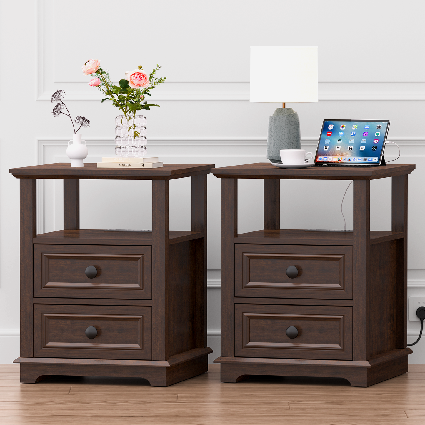 FAGAGA End Table with Fast USB C Charging Station, 24" Tall Sofa Side Table with 2 Drawers, Large Storage Rustic Wood Square Nightstand for Living Room, Bedroom, Office