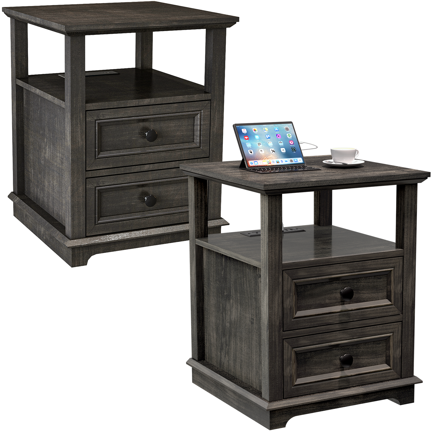 FAGAGA End Table with Fast USB C Charging Station, 24" Tall Sofa Side Table with 2 Drawers, Large Storage Rustic Wood Square Nightstand for Living Room, Bedroom, Office