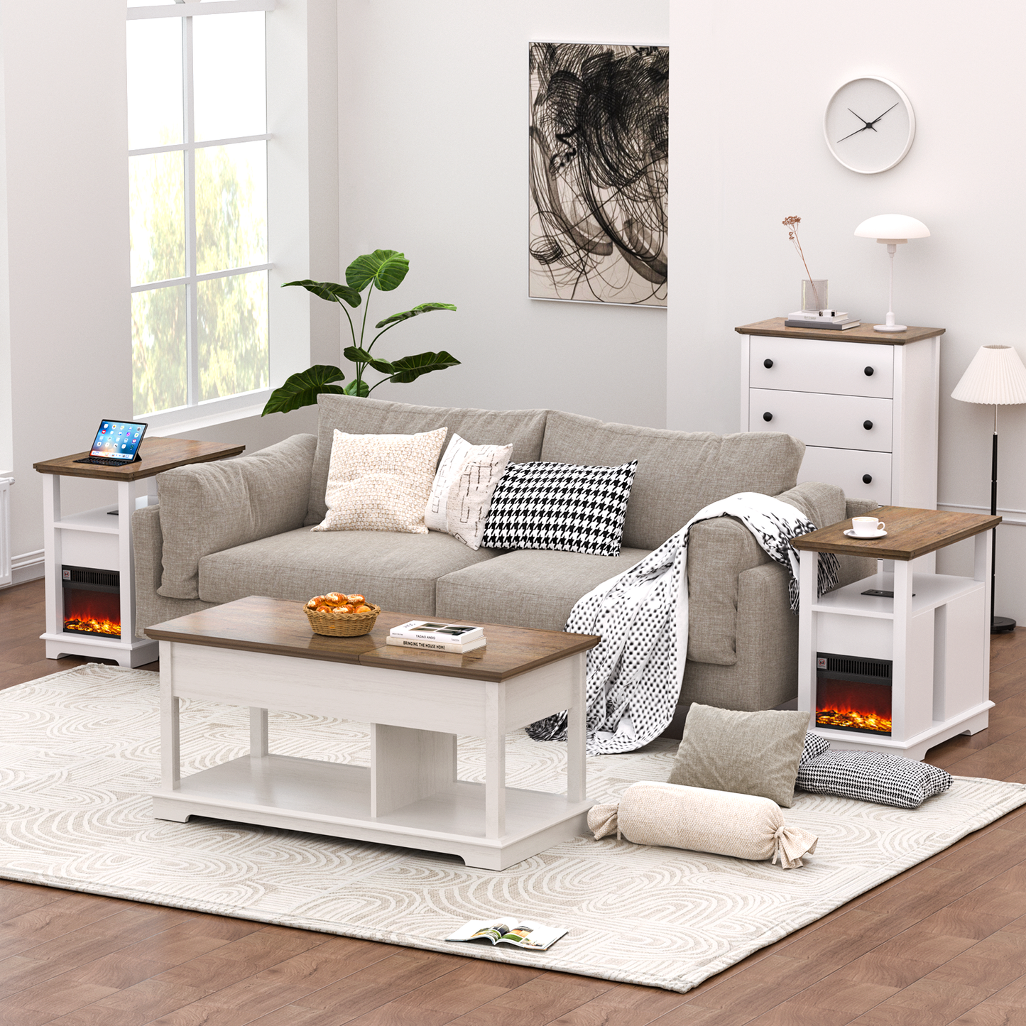FAGAGA 14.7" Fireplace End Table with Charging Station, Storage Narrow Side Table, Wooden Nightstand with Electric Fireplace Heater for Bedroom Living Room