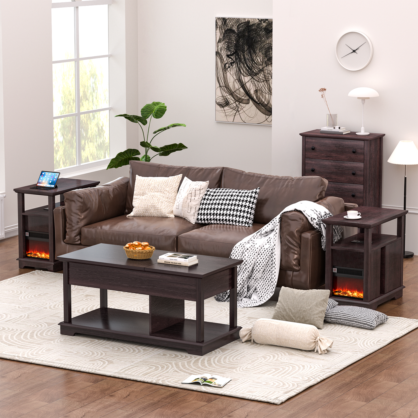 FAGAGA 14.7" Fireplace End Table with Charging Station, Storage Narrow Side Table, Wooden Nightstand with Electric Fireplace Heater for Bedroom Living Room