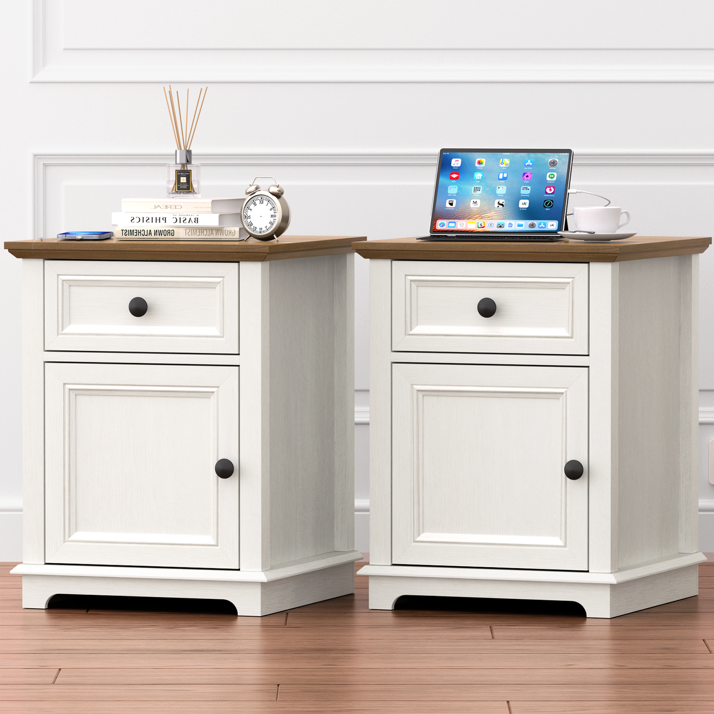 FAGAGA End Table with Fast USB C Charging Station, 24" Tall Sofa Side Table with Magnetic Door and Adjustable Storage Shelf, Wooden Square Storage Cabinet for Living Room, Bedroom, Office