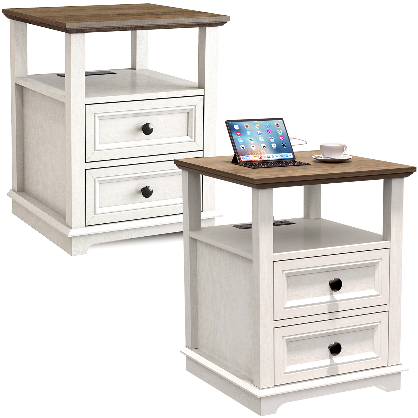 FAGAGA End Table with Fast USB C Charging Station, 24" Tall Sofa Side Table with 2 Drawers, Large Storage Rustic Wood Square Nightstand for Living Room, Bedroom, Office