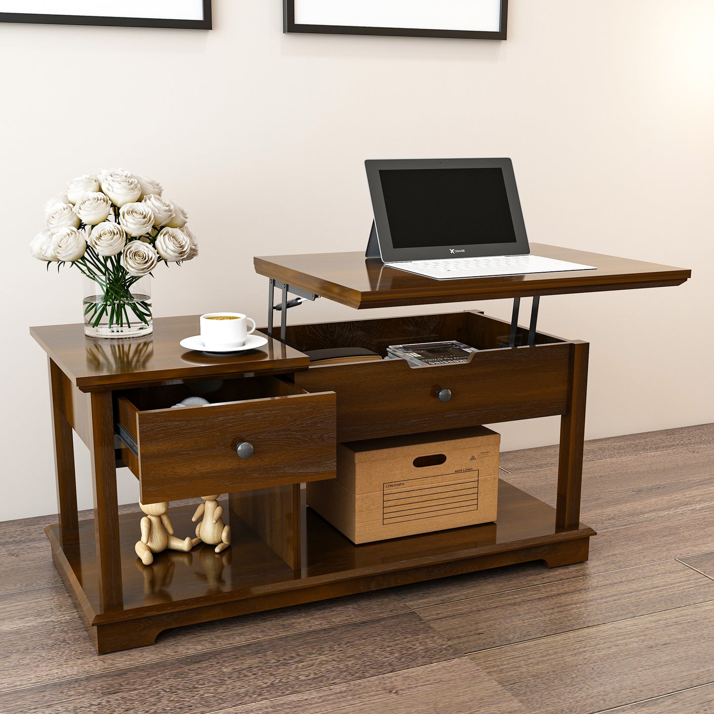 FAGAGA Lift Top Coffee Table with Storage, Living Room Coffee Table, Retro Coffee Table with Hidden Compartment, Center Table for Office Use, Reception for Living Room