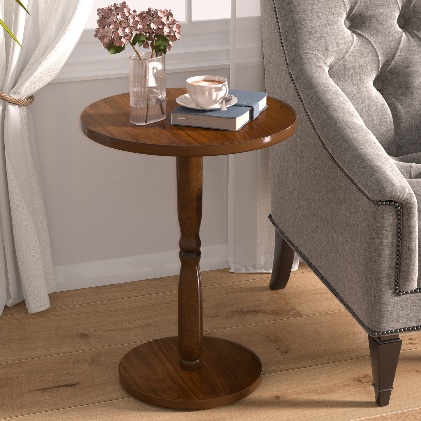 FAGAGA Round Pedestal Table, Wood Accent Table, 15.75" x 15.75" x 19.7", Small Round Coffee Table Table for Living Room/Bedroom/Office