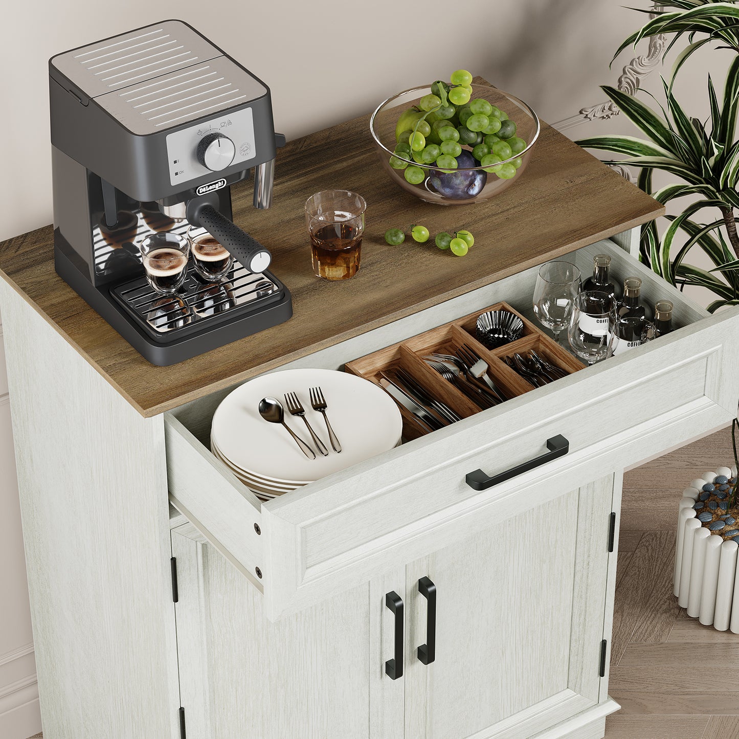 FAGAGA Modern Coffee Bar Cabinet, 30" Kitchen Buffet Cabinet with Storage, Farmhouse Wood Sideboard with Drawer for Kitchen, Dining Room, Reception Room