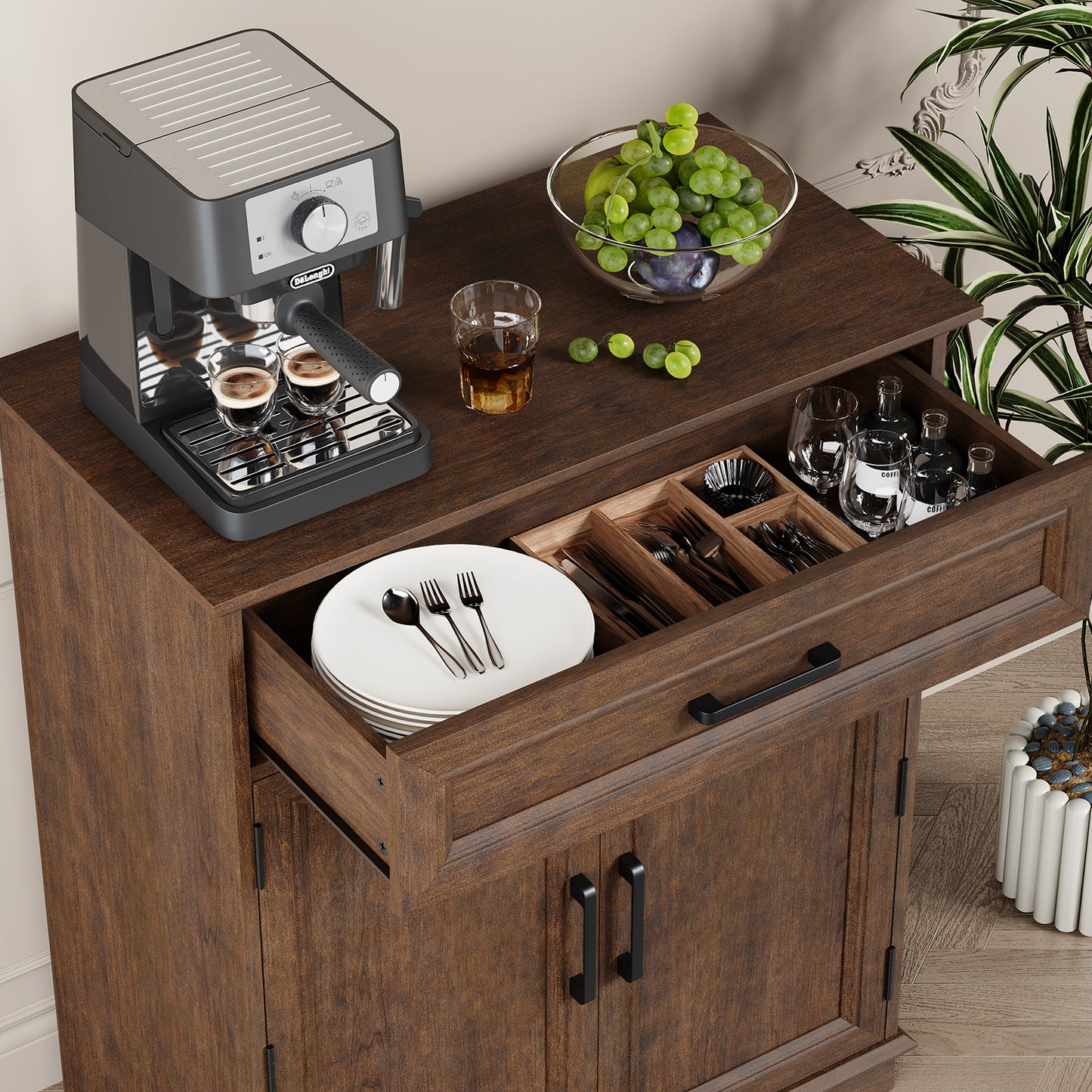FAGAGA Modern Coffee Bar Cabinet, 30" Kitchen Buffet Cabinet with Storage, Farmhouse Wood Sideboard with Drawer for Kitchen, Dining Room, Reception Room