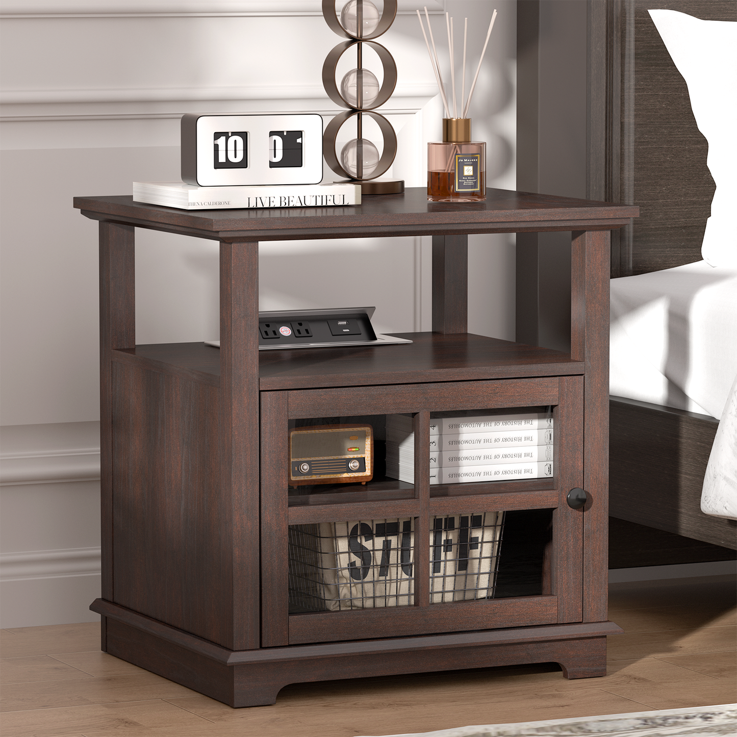 FAGAGA Living Room Side Table, End Table with Charging Station, Farmhouse Wood Nightstand with Large Storage, Bedside Table for Bedroom, Brown