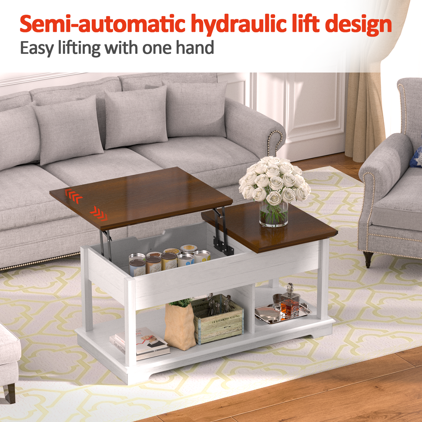 FAGAGA Lift Top Coffee Table with Storage, Living Room Coffee Table, Retro Coffee Table with Hidden Compartment, Center Table for Office Use, Reception for Living Room