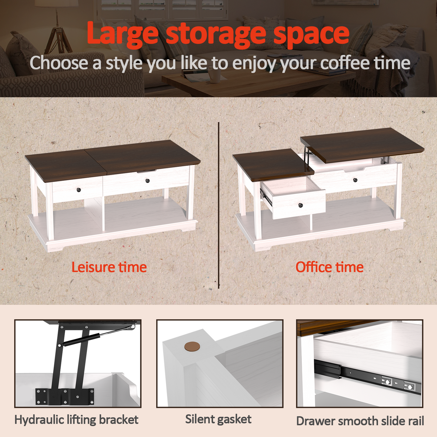 FAGAGA Lift Top Coffee Table with Storage, Living Room Coffee Table, Retro Coffee Table with Hidden Compartment, Center Table for Office Use, Reception for Living Room