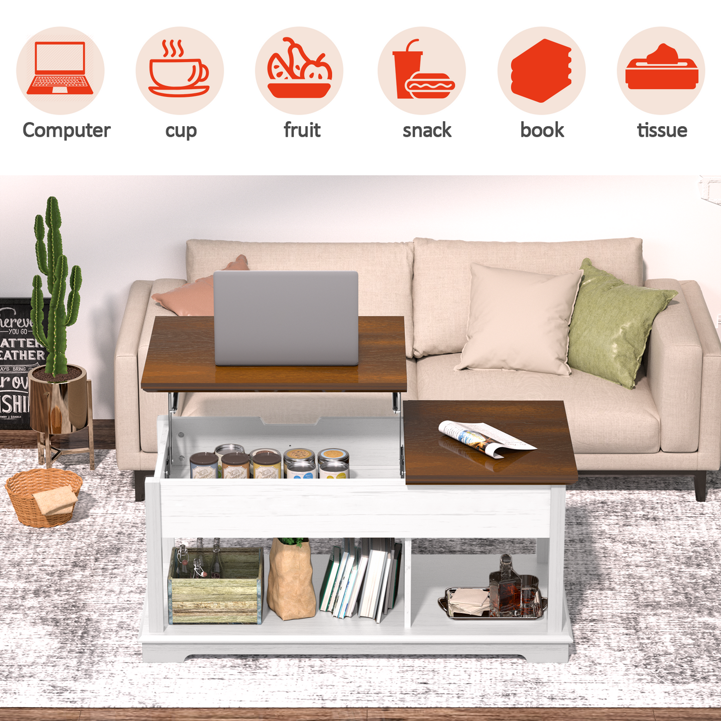 FAGAGA Lift Top Coffee Table with Storage, Living Room Coffee Table, Retro Coffee Table with Hidden Compartment, Center Table for Office Use, Reception for Living Room