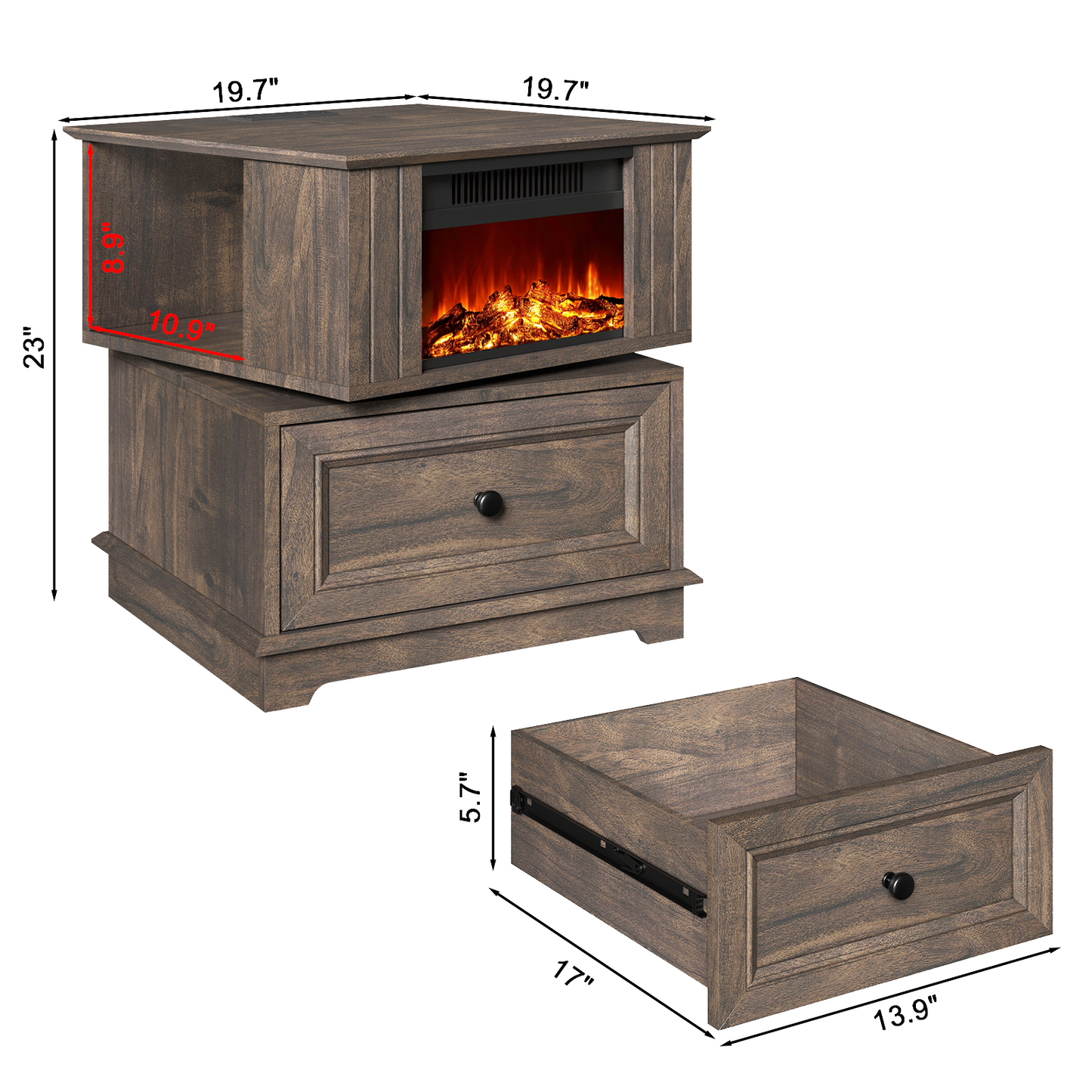 FAGAGA 19.7'' Fireplace End Table with Charging Station, Rotating Square Storage Side Table,Nightstand with Electric Fireplace Heater for Bedroom Living Room