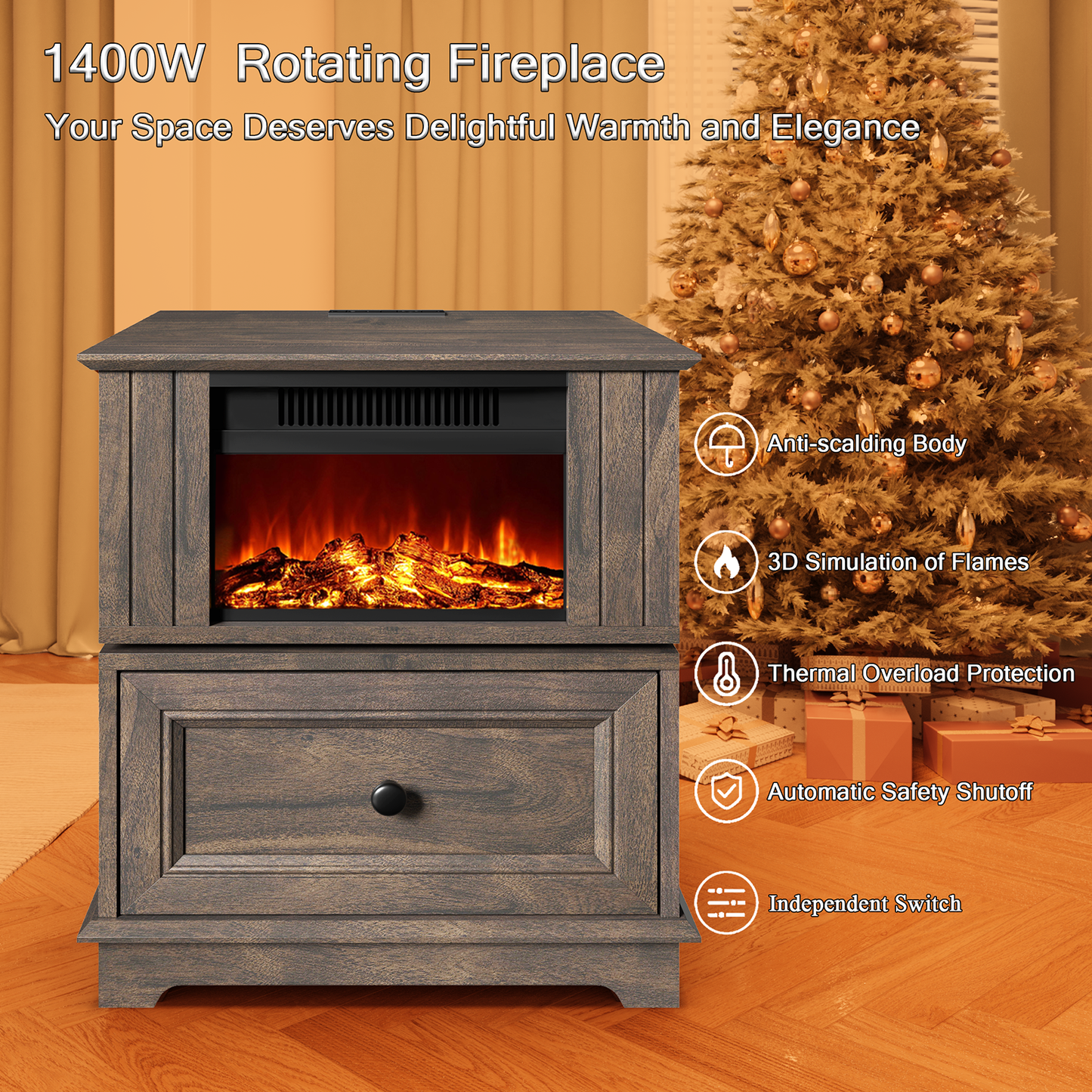 FAGAGA 19.7'' Fireplace End Table with Charging Station, Rotating Square Storage Side Table,Nightstand with Electric Fireplace Heater for Bedroom Living Room