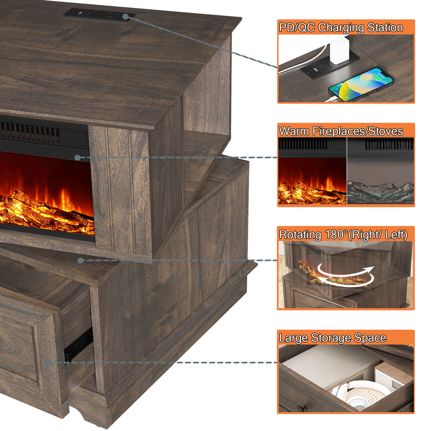 FAGAGA 19.7'' Fireplace End Table with Charging Station, Rotating Square Storage Side Table,Nightstand with Electric Fireplace Heater for Bedroom Living Room