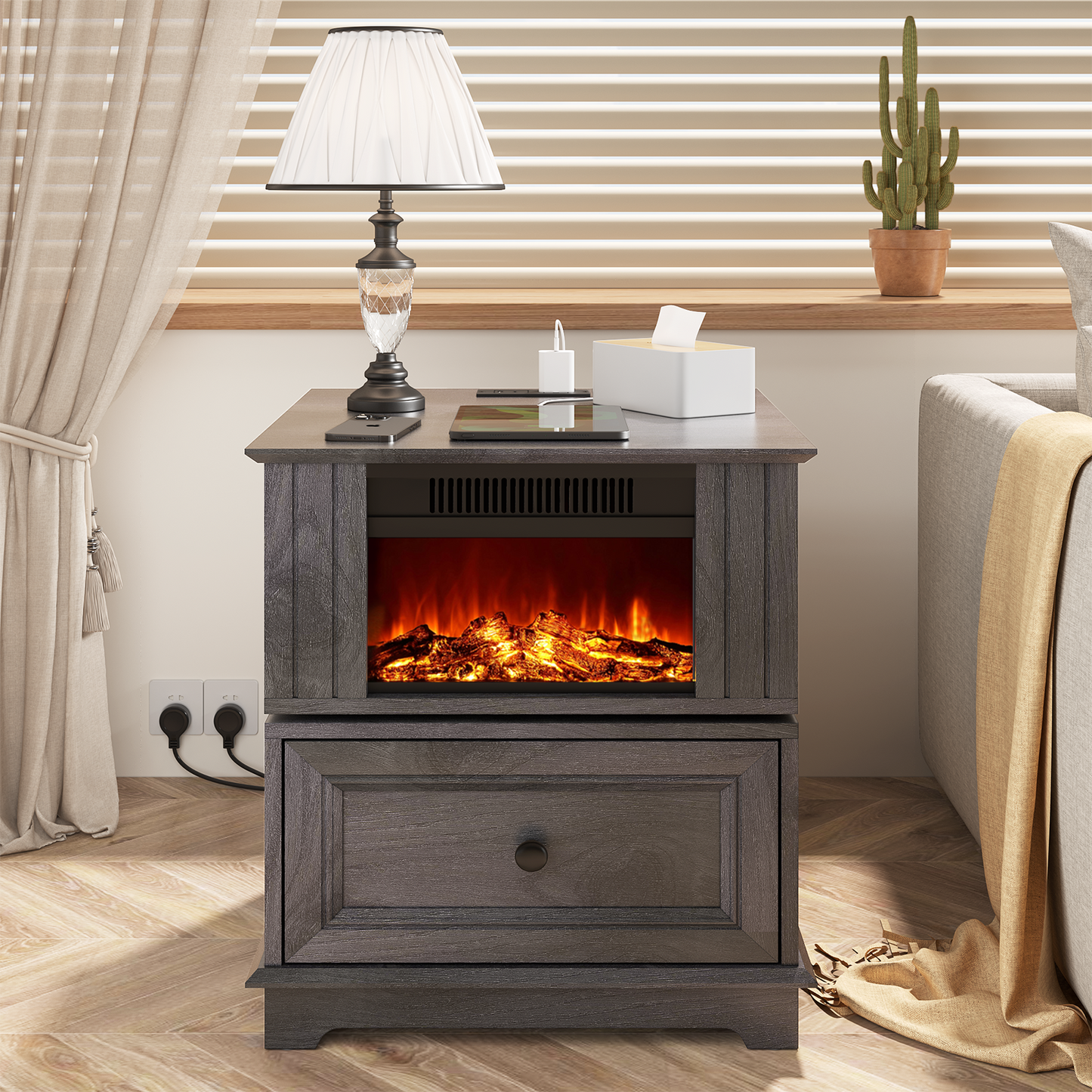 FAGAGA 19.7'' Fireplace End Table with Charging Station, Rotating Square Storage Side Table,Nightstand with Electric Fireplace Heater for Bedroom Living Room