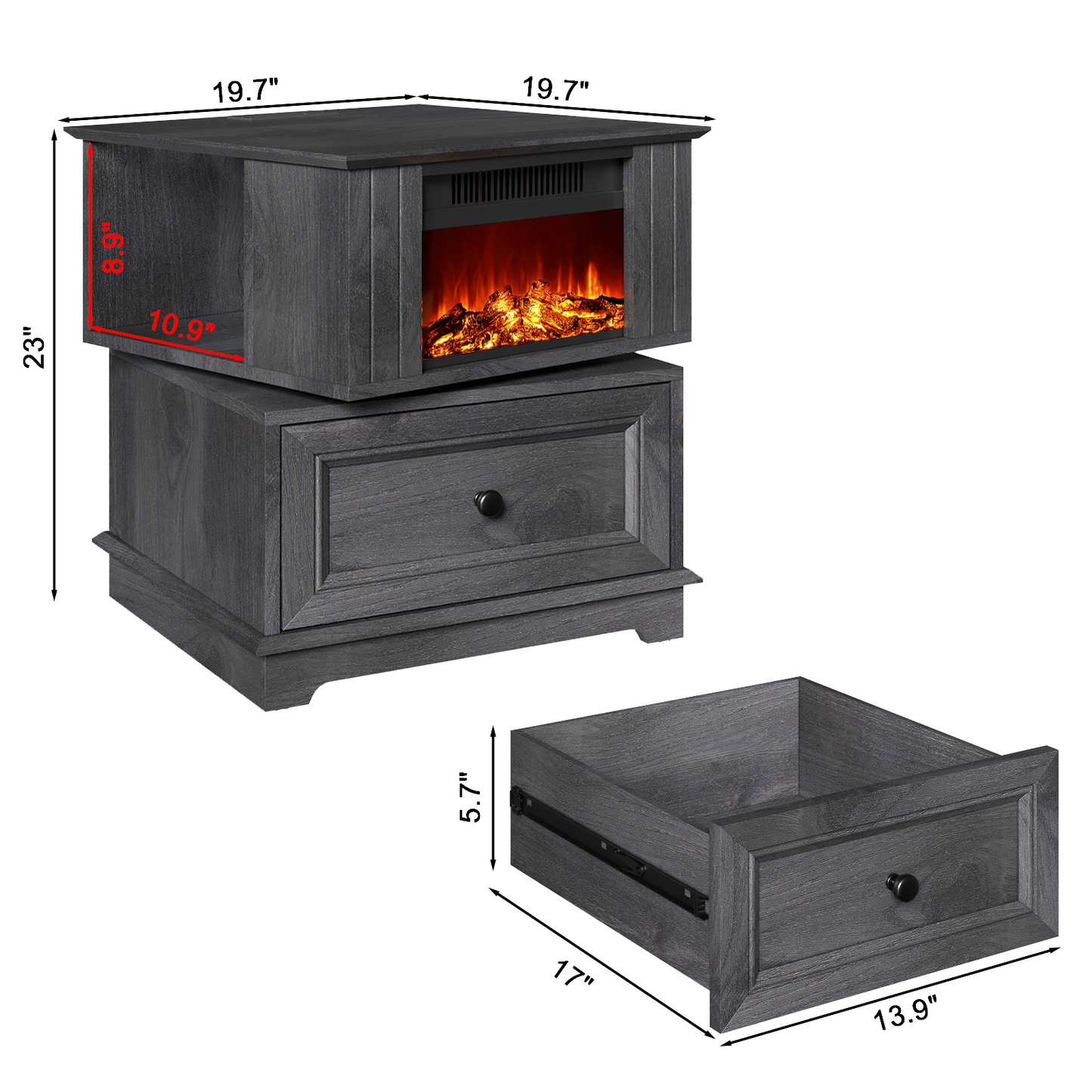 FAGAGA 19.7'' Fireplace End Table with Charging Station, Rotating Square Storage Side Table,Nightstand with Electric Fireplace Heater for Bedroom Living Room
