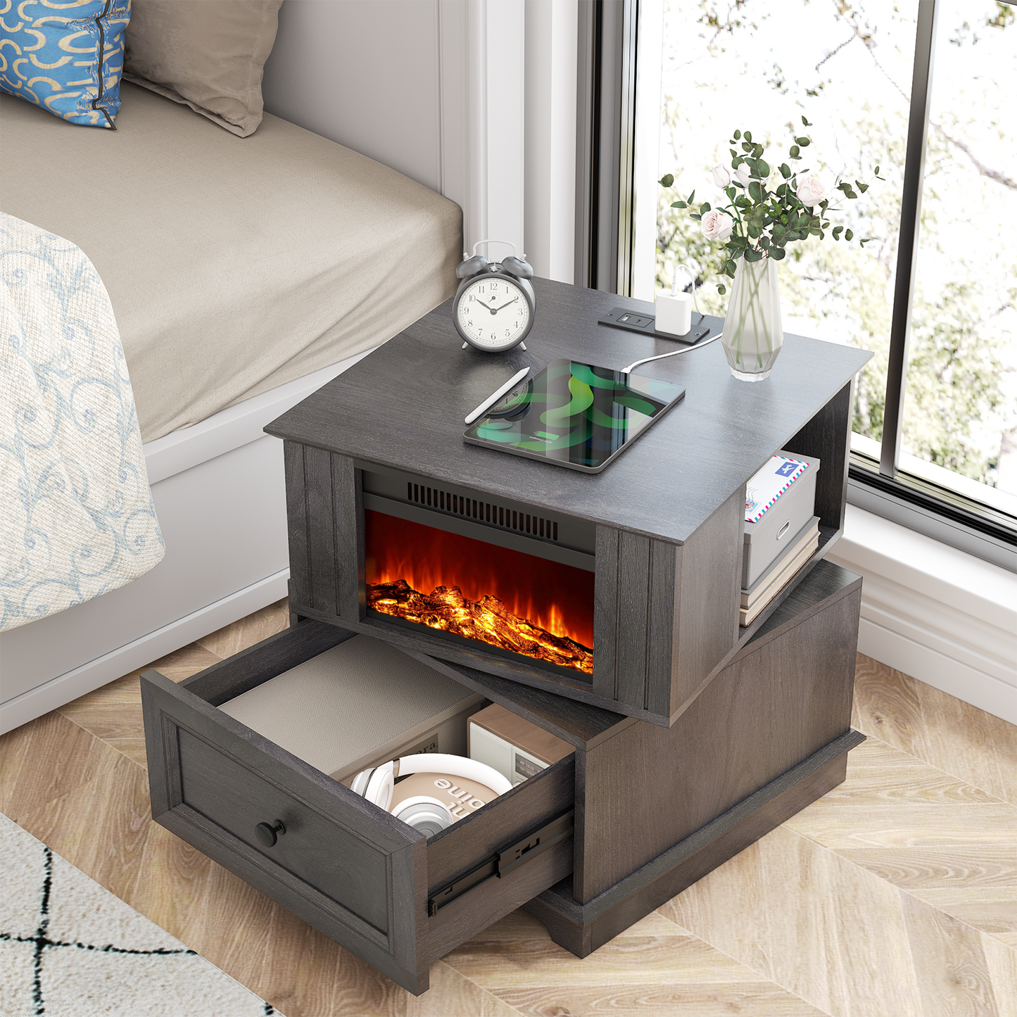 FAGAGA 19.7'' Fireplace End Table with Charging Station, Rotating Square Storage Side Table,Nightstand with Electric Fireplace Heater for Bedroom Living Room