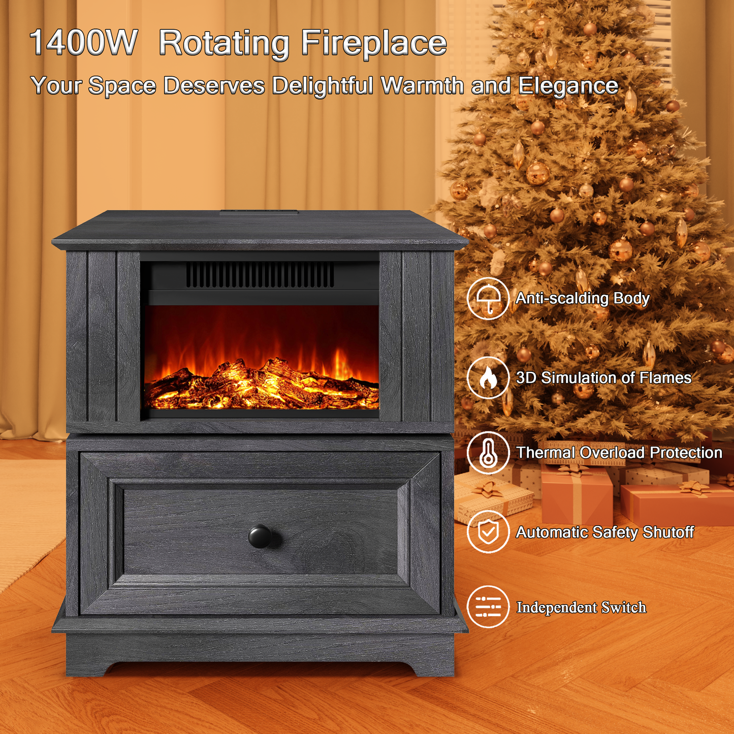 FAGAGA 19.7'' Fireplace End Table with Charging Station, Rotating Square Storage Side Table,Nightstand with Electric Fireplace Heater for Bedroom Living Room