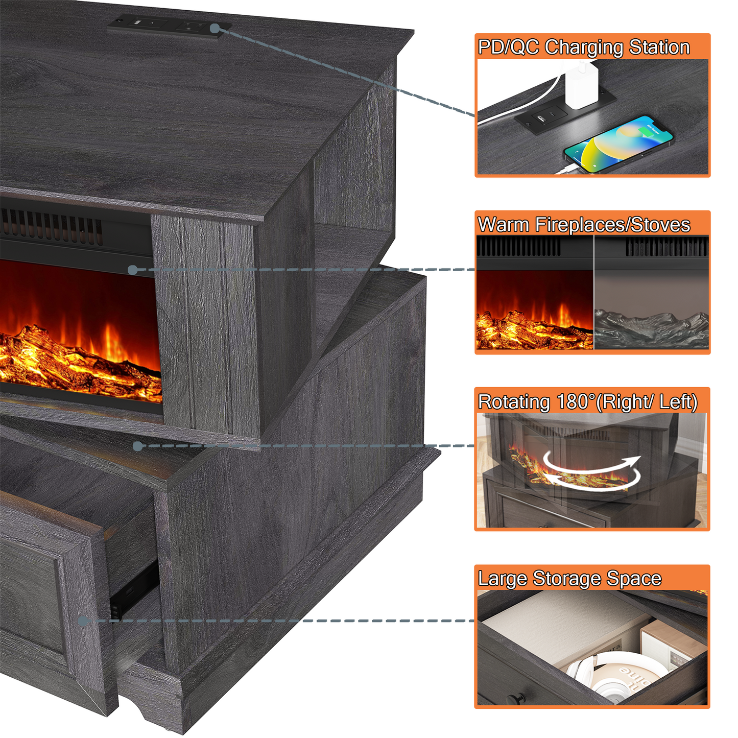 FAGAGA 19.7'' Fireplace End Table with Charging Station, Rotating Square Storage Side Table,Nightstand with Electric Fireplace Heater for Bedroom Living Room
