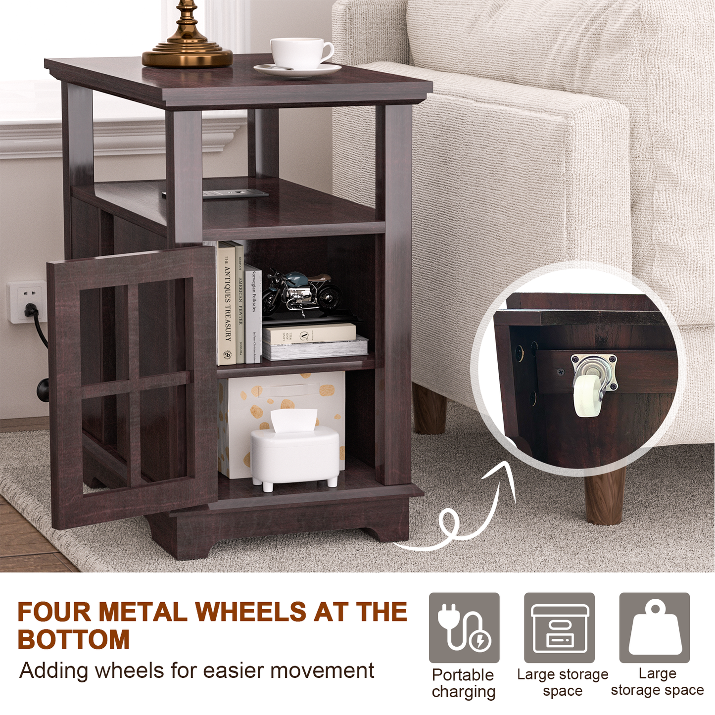 FAGAGA 14.7" Fireplace End Table with Charging Station, Storage Narrow Side Table, Wooden Nightstand with Electric Fireplace Heater for Bedroom Living Room