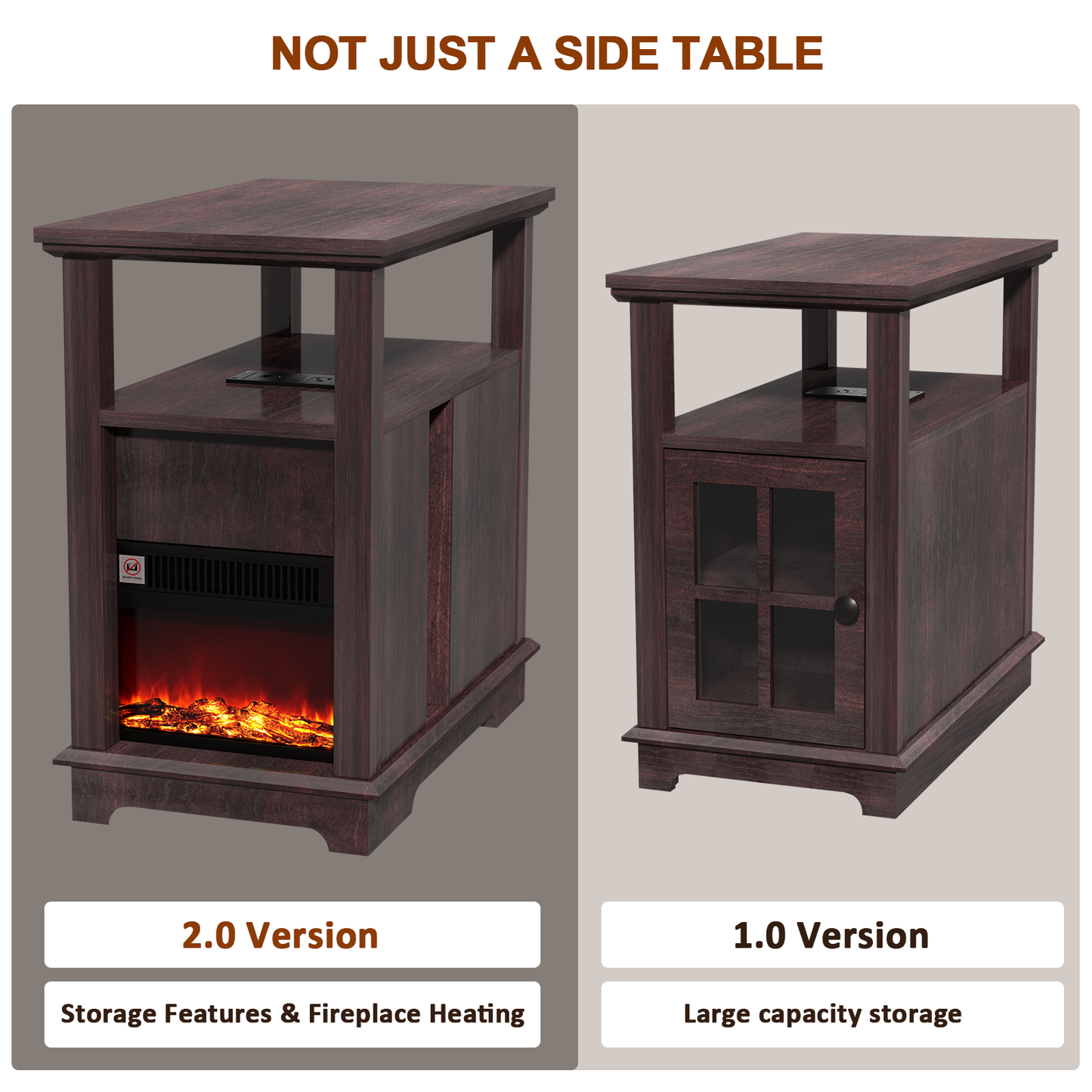 FAGAGA 14.7" Fireplace End Table with Charging Station, Storage Narrow Side Table, Wooden Nightstand with Electric Fireplace Heater for Bedroom Living Room