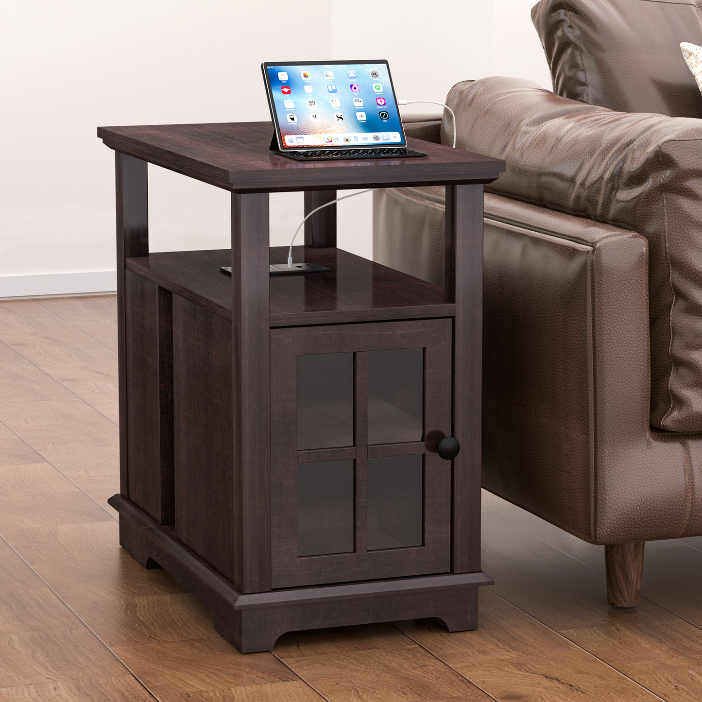 FAGAGA 14.7" Fireplace End Table with Charging Station, Storage Narrow Side Table, Wooden Nightstand with Electric Fireplace Heater for Bedroom Living Room