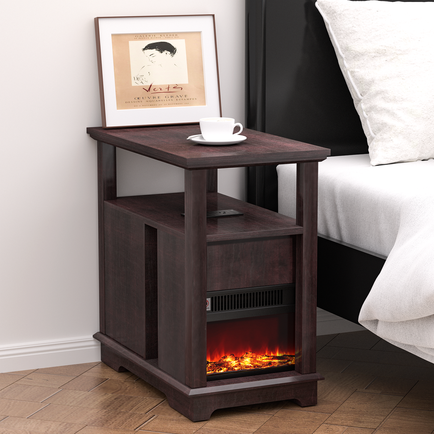 FAGAGA 14.7" Fireplace End Table with Charging Station, Storage Narrow Side Table, Wooden Nightstand with Electric Fireplace Heater for Bedroom Living Room
