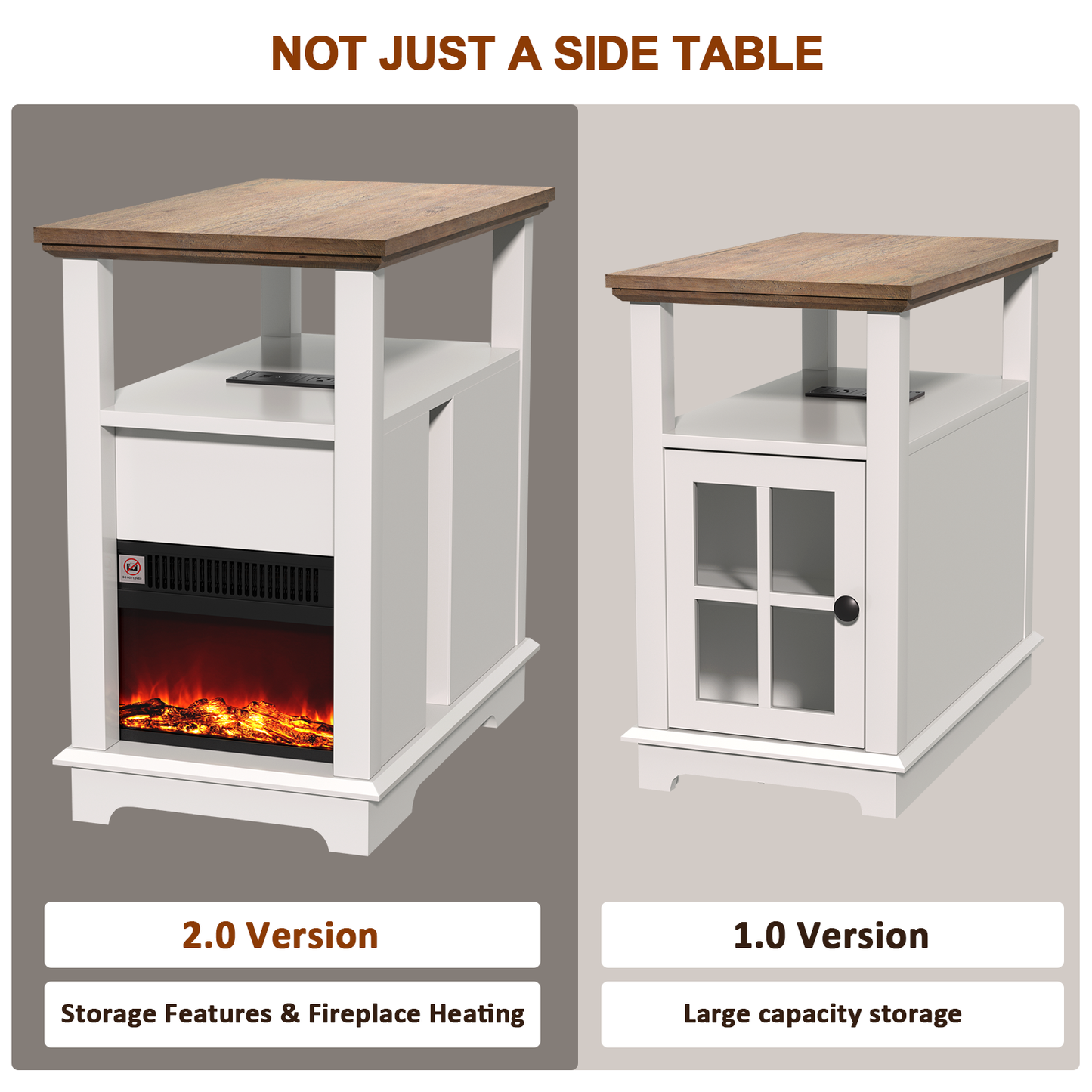 FAGAGA 14.7" Fireplace End Table with Charging Station, Storage Narrow Side Table, Wooden Nightstand with Electric Fireplace Heater for Bedroom Living Room
