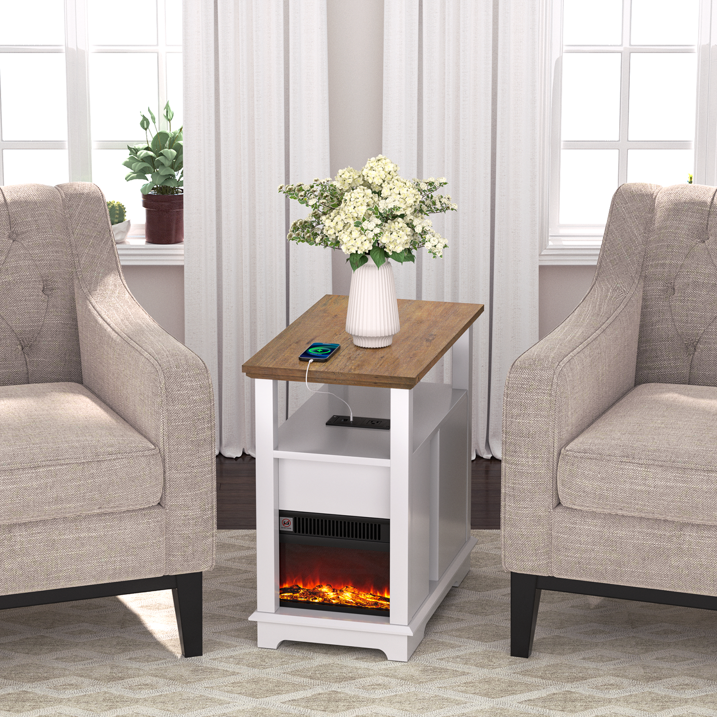 FAGAGA 14.7" Fireplace End Table with Charging Station, Storage Narrow Side Table, Wooden Nightstand with Electric Fireplace Heater for Bedroom Living Room