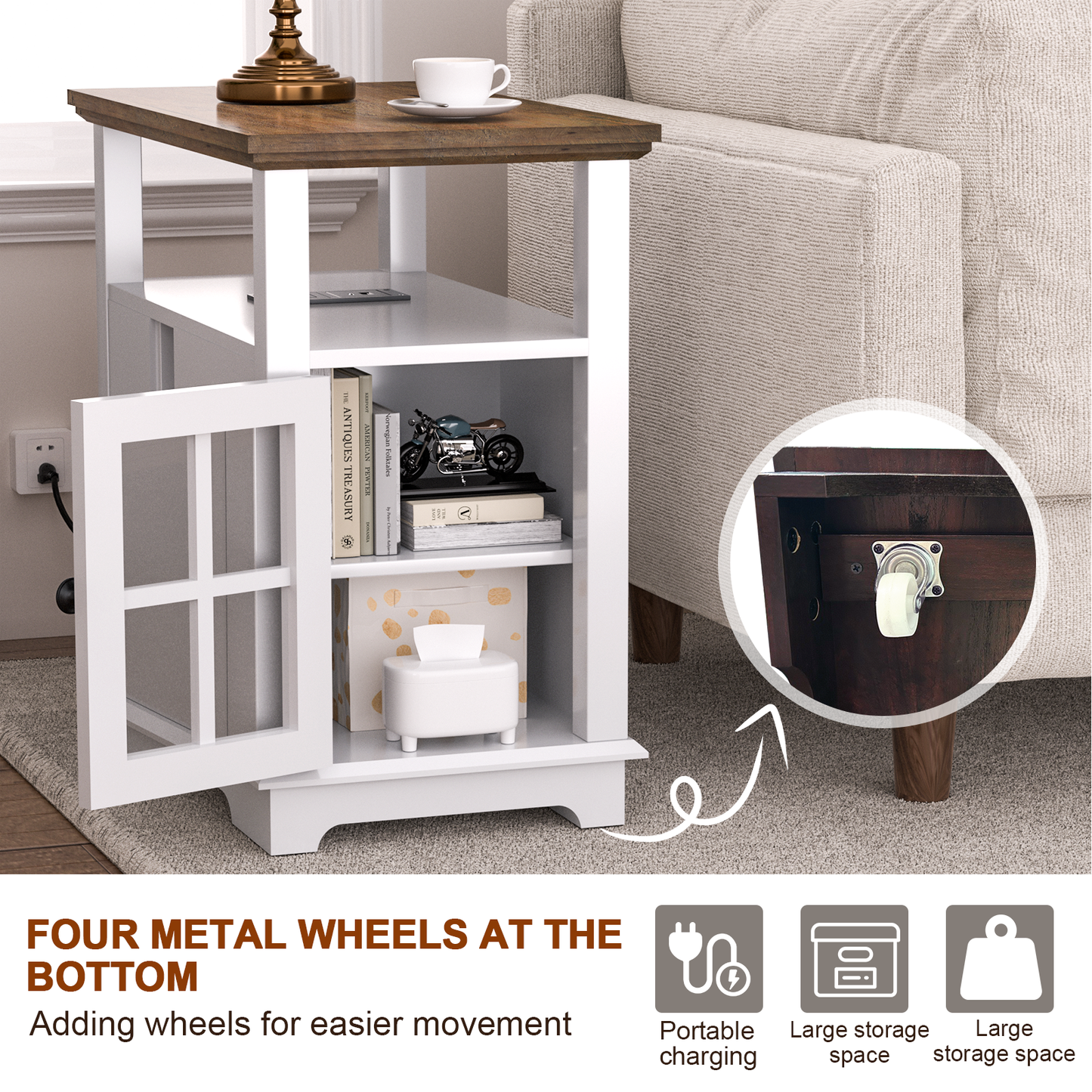 FAGAGA 14.7" Fireplace End Table with Charging Station, Storage Narrow Side Table, Wooden Nightstand with Electric Fireplace Heater for Bedroom Living Room