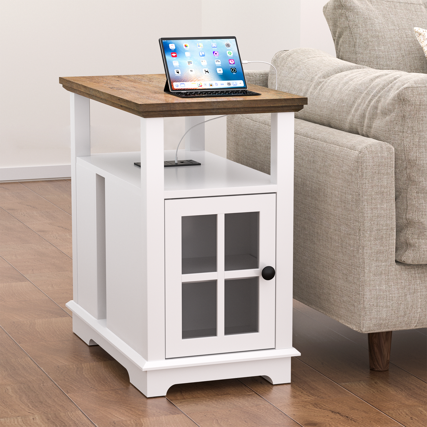 FAGAGA 14.7" Fireplace End Table with Charging Station, Storage Narrow Side Table, Wooden Nightstand with Electric Fireplace Heater for Bedroom Living Room