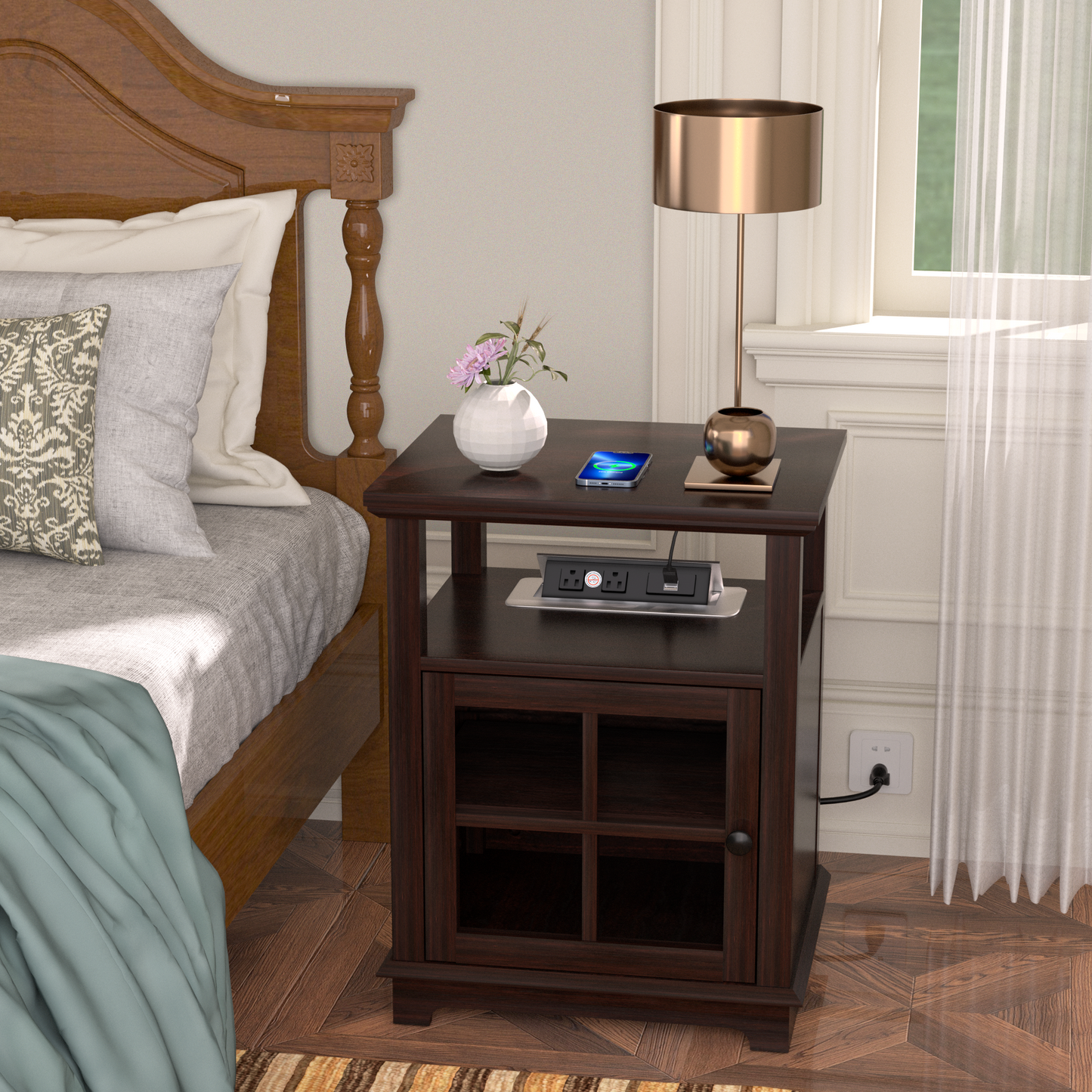 FAGAGA End Table with Wireless Charging Station, Nightstand with Storage, Espresso 22" Retro Side Table with Adjustable Shelf for Bedroom,Living Room