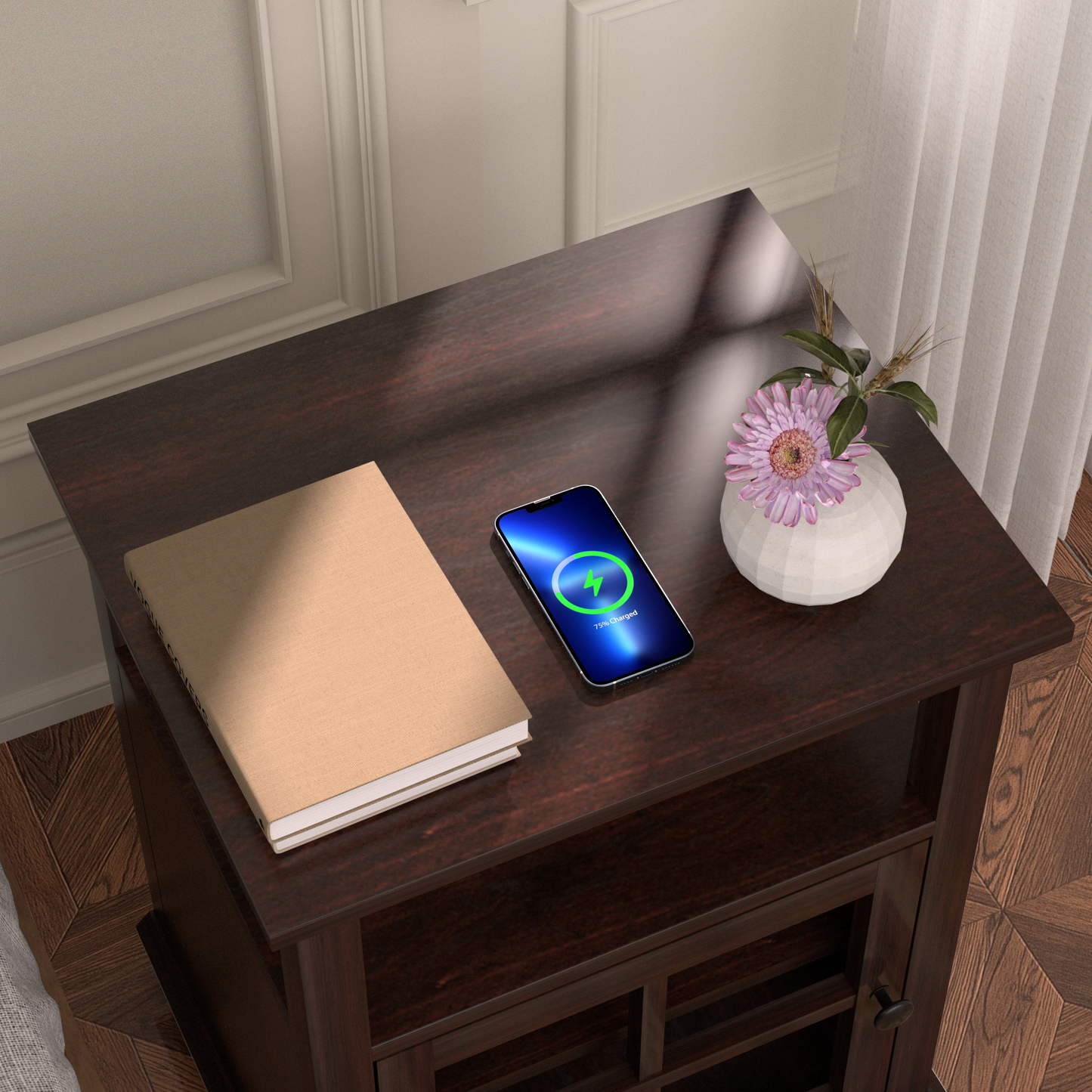 FAGAGA End Table with Wireless Charging Station, Nightstand with Storage, Espresso 22" Retro Side Table with Adjustable Shelf for Bedroom,Living Room