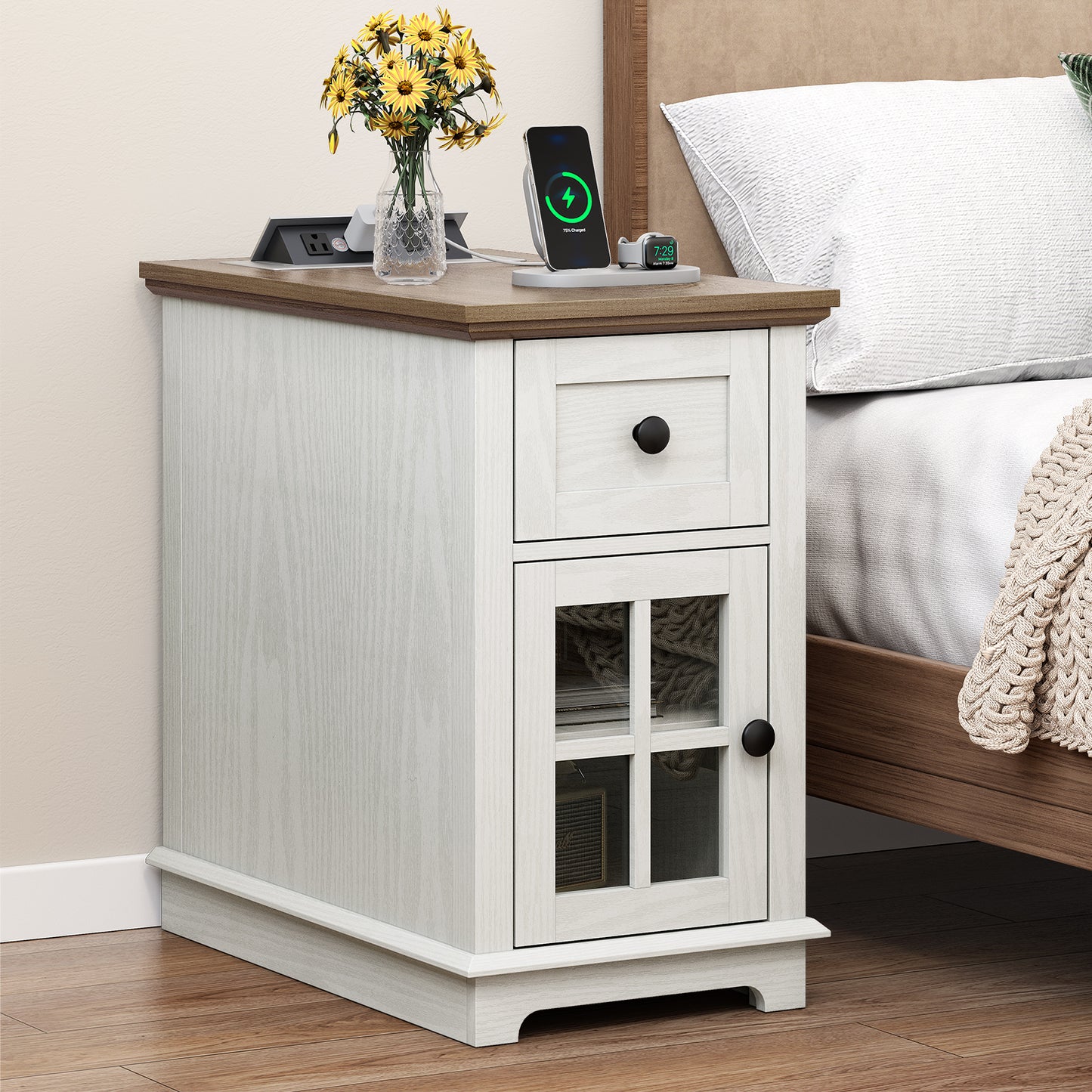 FAGAGA Narrow End Table with Charging Station, 23.6" Tall Sofa Side Table with Drawers, Mid-Century Wood Bedside Tables with Large Storage Space for Bedroom, Living Room
