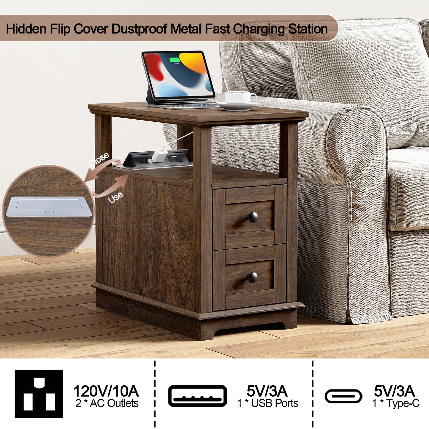 FAGAGA End Table with Charging Station, Vintage Sofa Side Table with 2 Drawers, Wood Rustic Nightstand with Open Storage Shelf for Bedroom, Living Room, Office