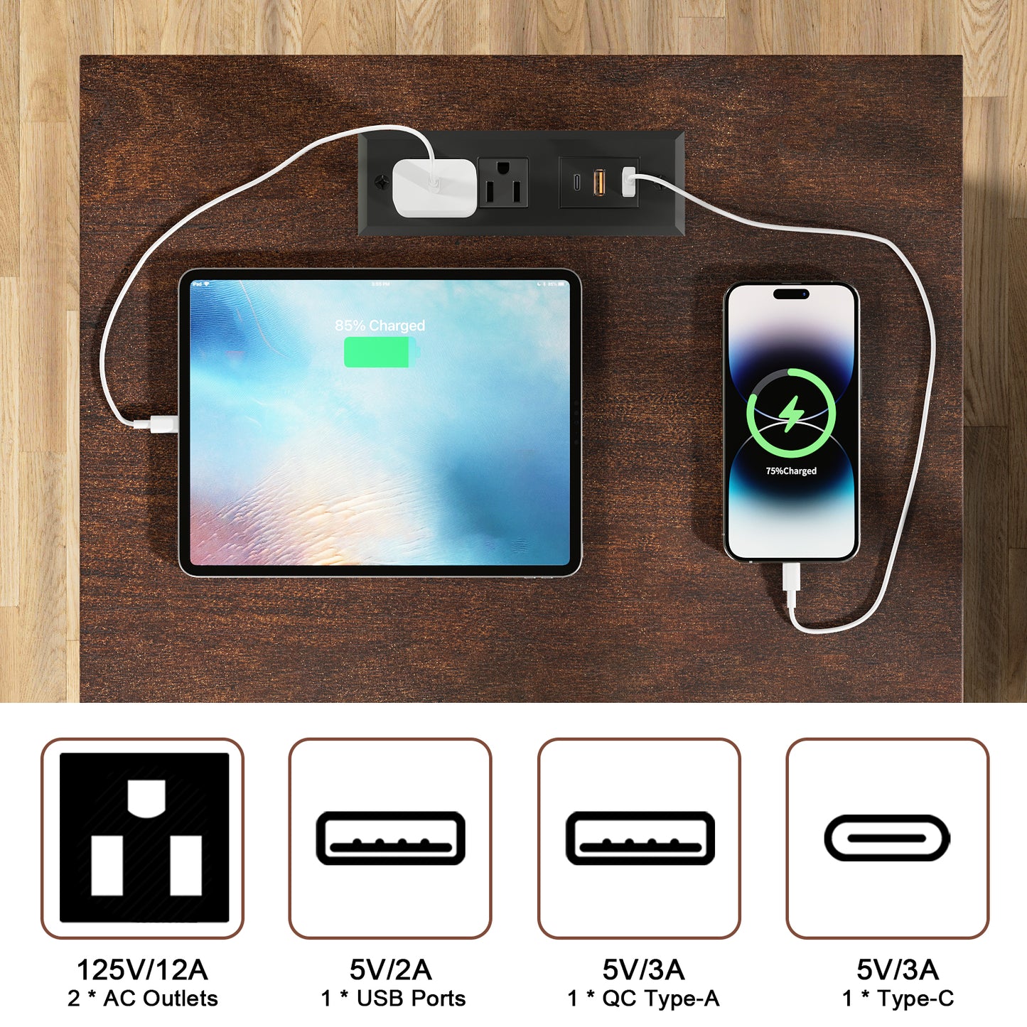 FAGAGA End Table with Fast USB C Charging Station, 24" Tall Sofa Side Table with Magnetic Door and Adjustable Storage Shelf, Wooden Square Storage Cabinet for Living Room, Bedroom, Office