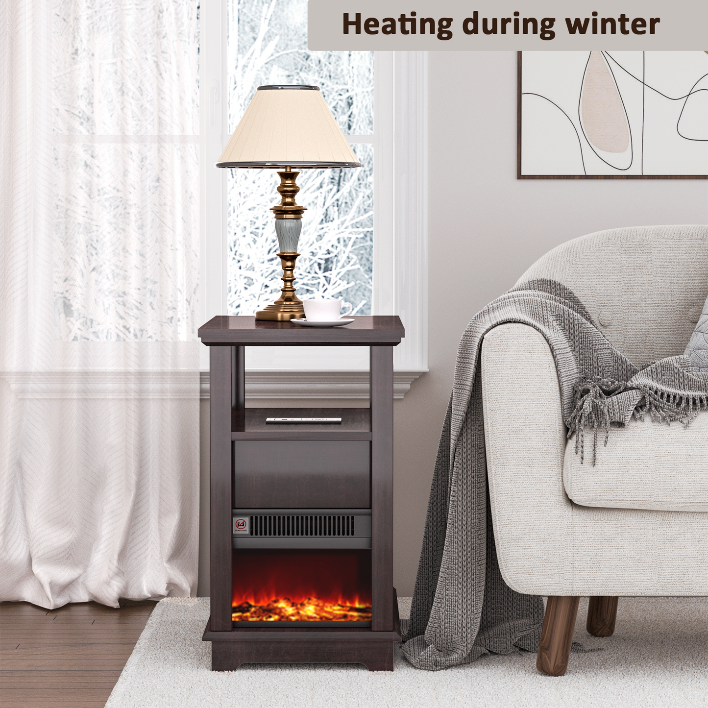 FAGAGA 14.7" Fireplace End Table with Charging Station, Storage Narrow Side Table, Wooden Nightstand with Electric Fireplace Heater for Bedroom Living Room