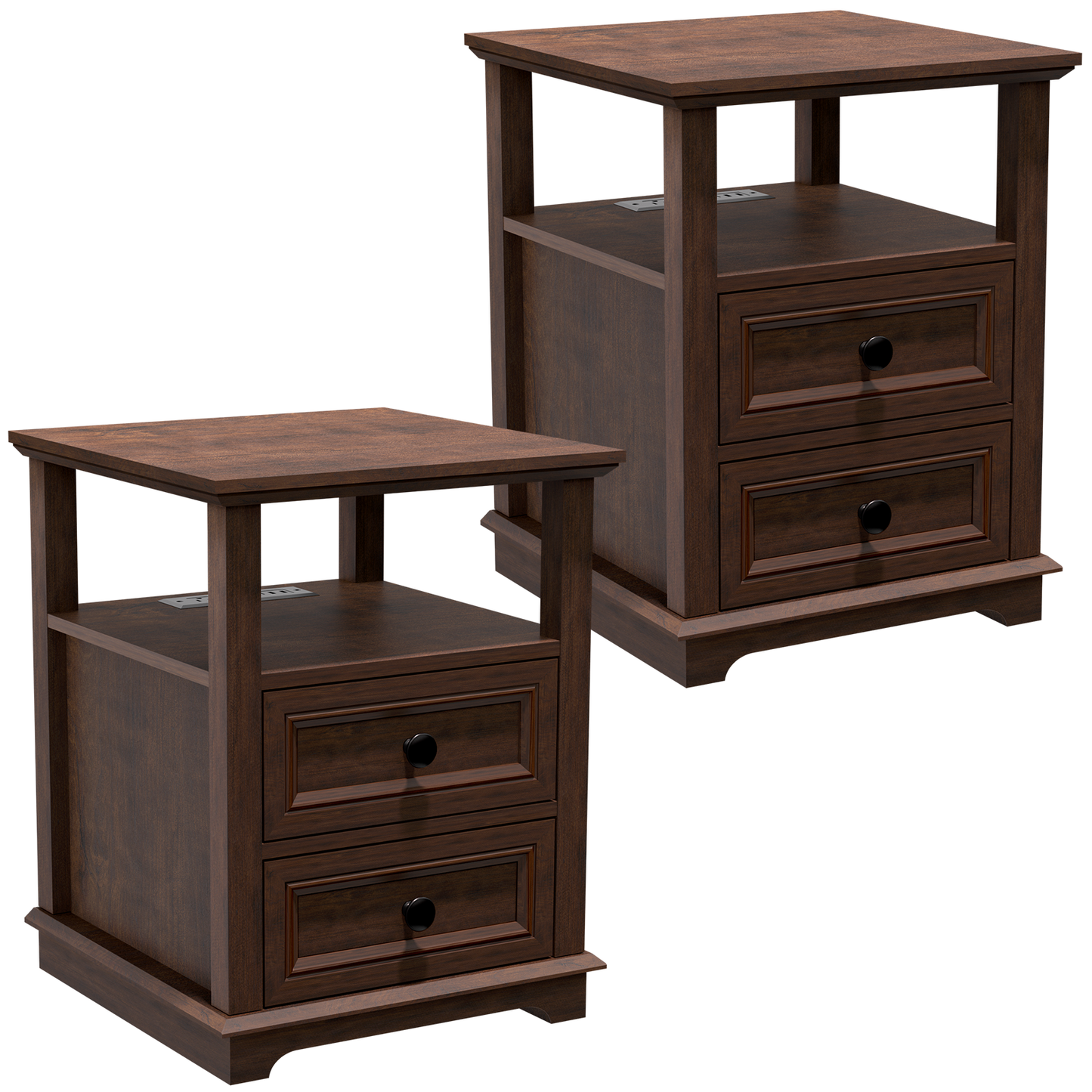 FAGAGA End Table with Fast USB C Charging Station, 24" Tall Sofa Side Table with 2 Drawers, Large Storage Rustic Wood Square Nightstand for Living Room, Bedroom, Office