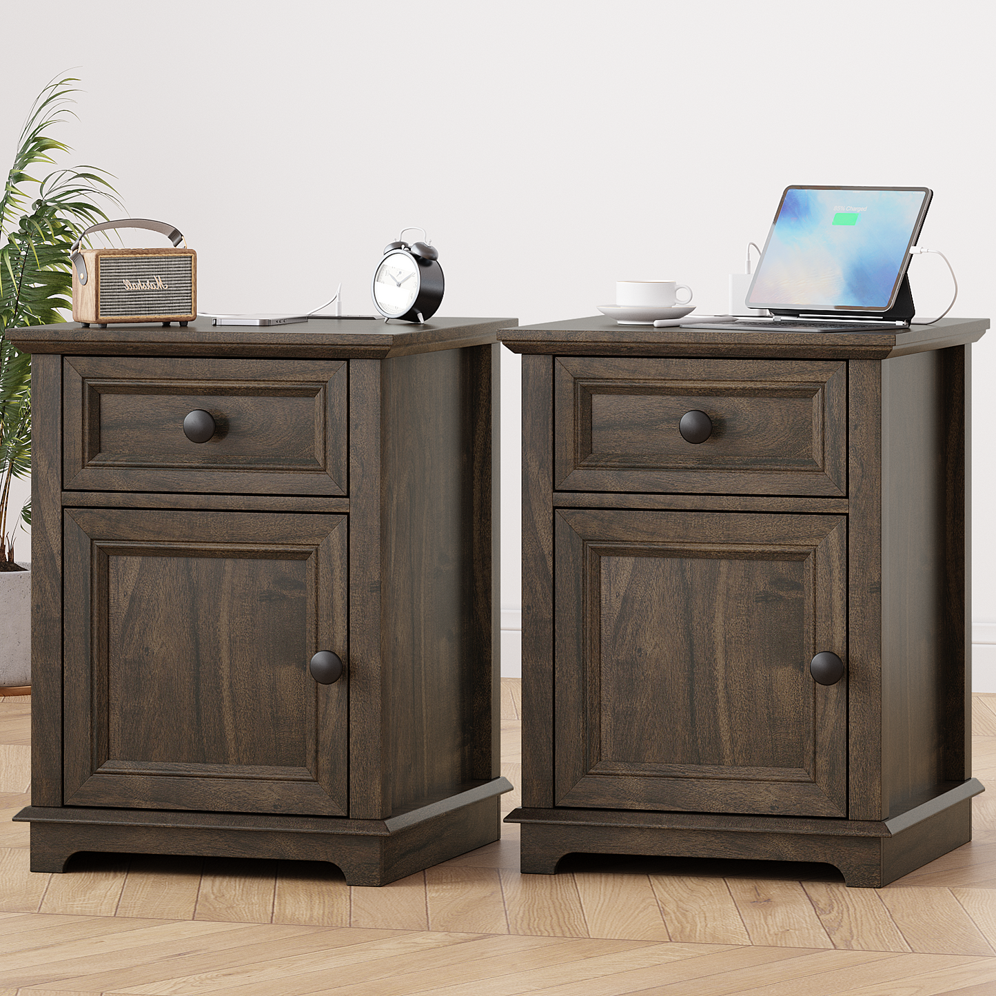 FAGAGA End Table with Fast USB C Charging Station, 24" Tall Sofa Side Table with Magnetic Door and Adjustable Storage Shelf, Wooden Square Storage Cabinet for Living Room, Bedroom, Office