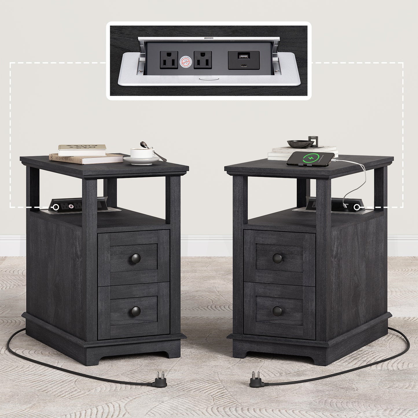 FAGAGA End Table with Charging Station, Vintage Sofa Side Table with 2 Drawers, Wood Rustic Nightstand with Open Storage Shelf for Bedroom, Living Room, Office