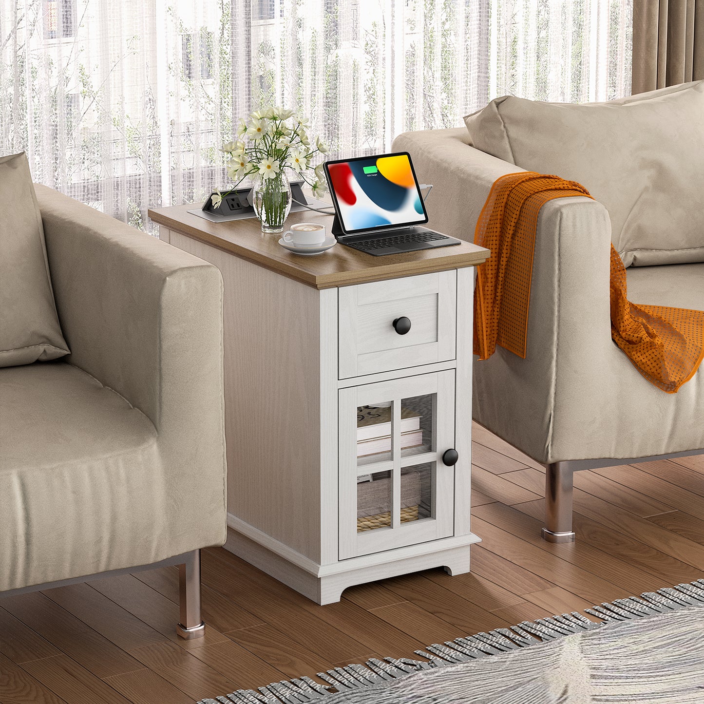 FAGAGA Narrow End Table with Charging Station, 23.6" Tall Sofa Side Table with Drawers, Mid-Century Wood Bedside Tables with Large Storage Space for Bedroom, Living Room