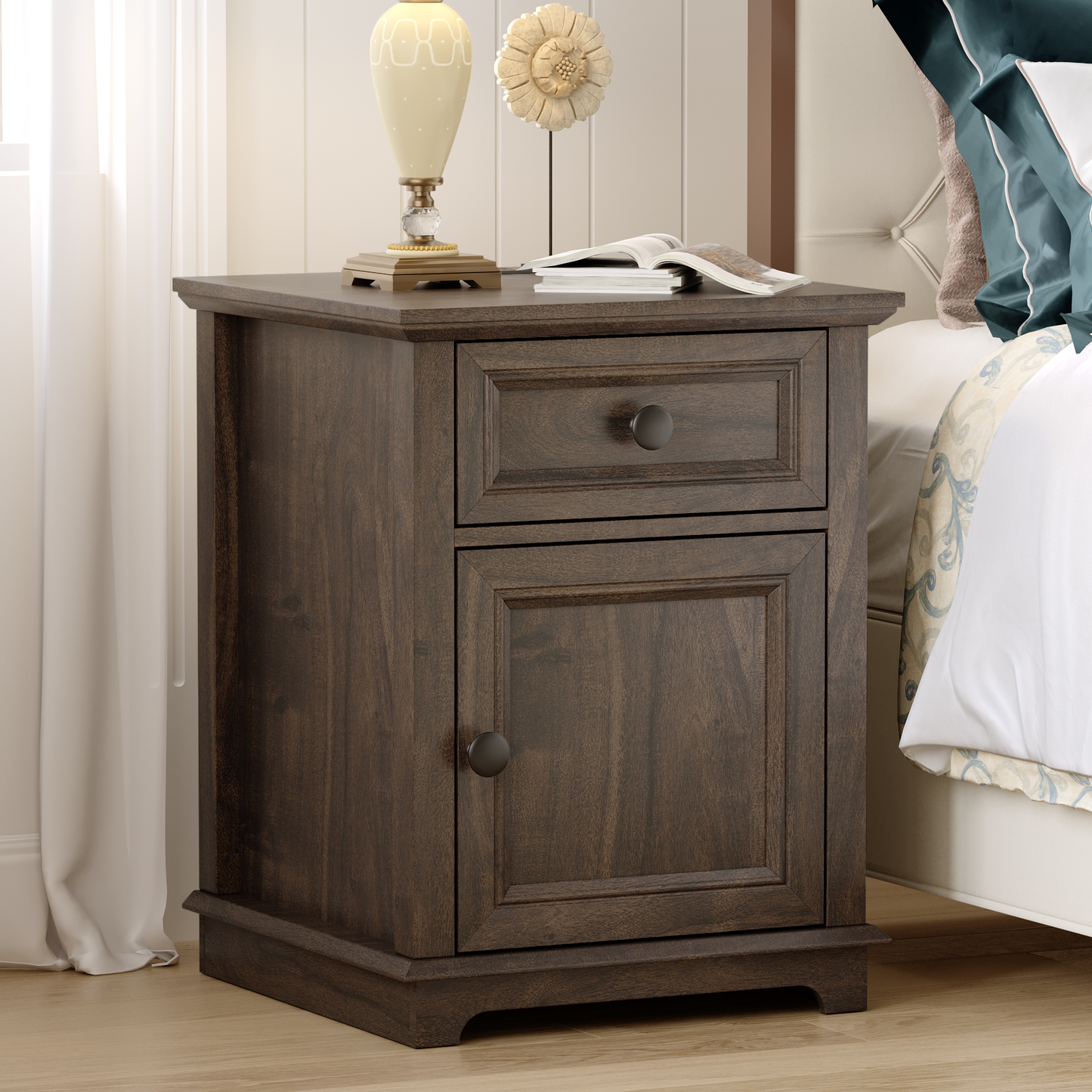 FAGAGA End Table with Fast USB C Charging Station, 24" Tall Sofa Side Table with Magnetic Door and Adjustable Storage Shelf, Wooden Square Storage Cabinet for Living Room, Bedroom, Office