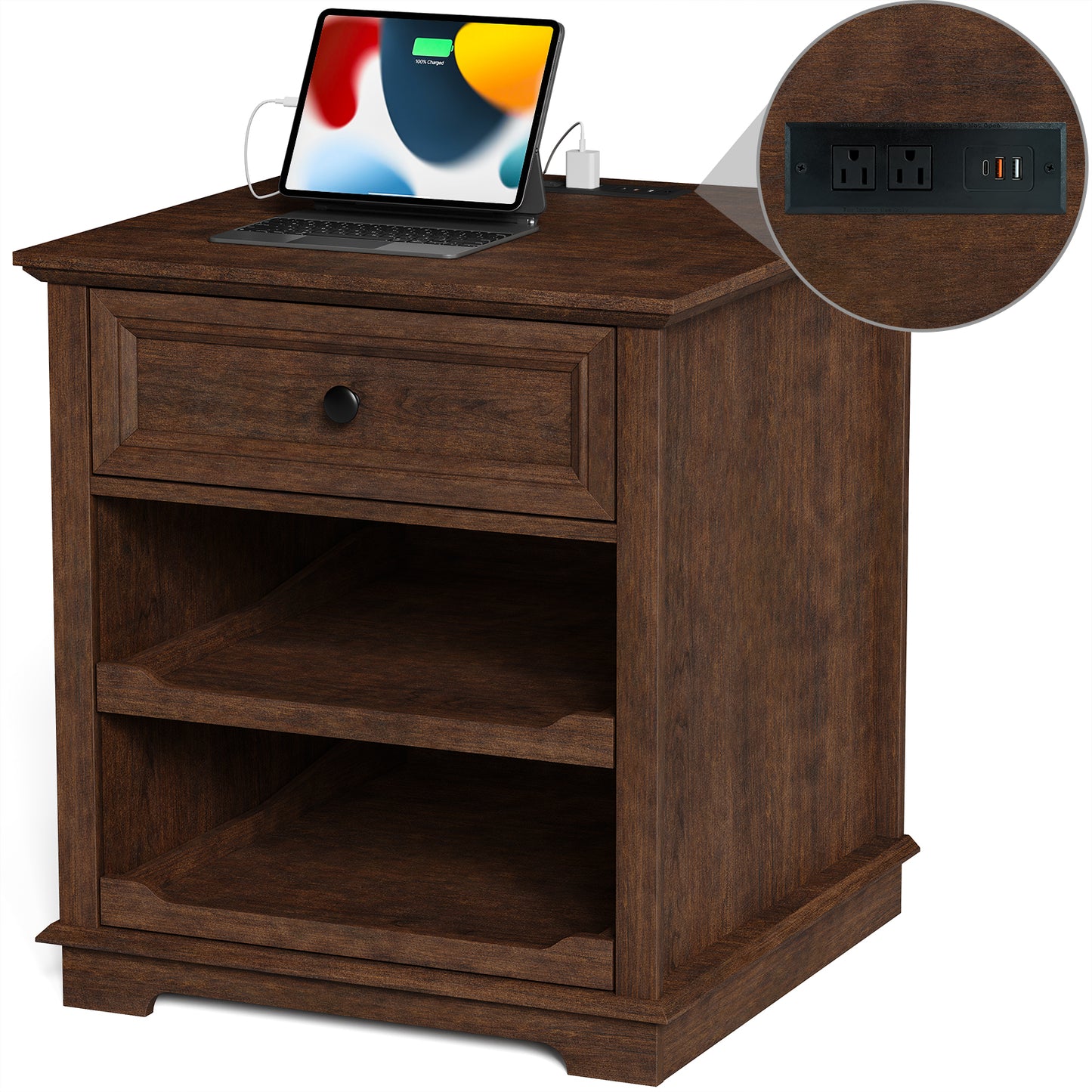 FAGAGA Farmhouse End Table with Charging Station, Side Table with Drawer & Storage Shelf, Nightstand for Living Room Bedroom, Dorm, Office