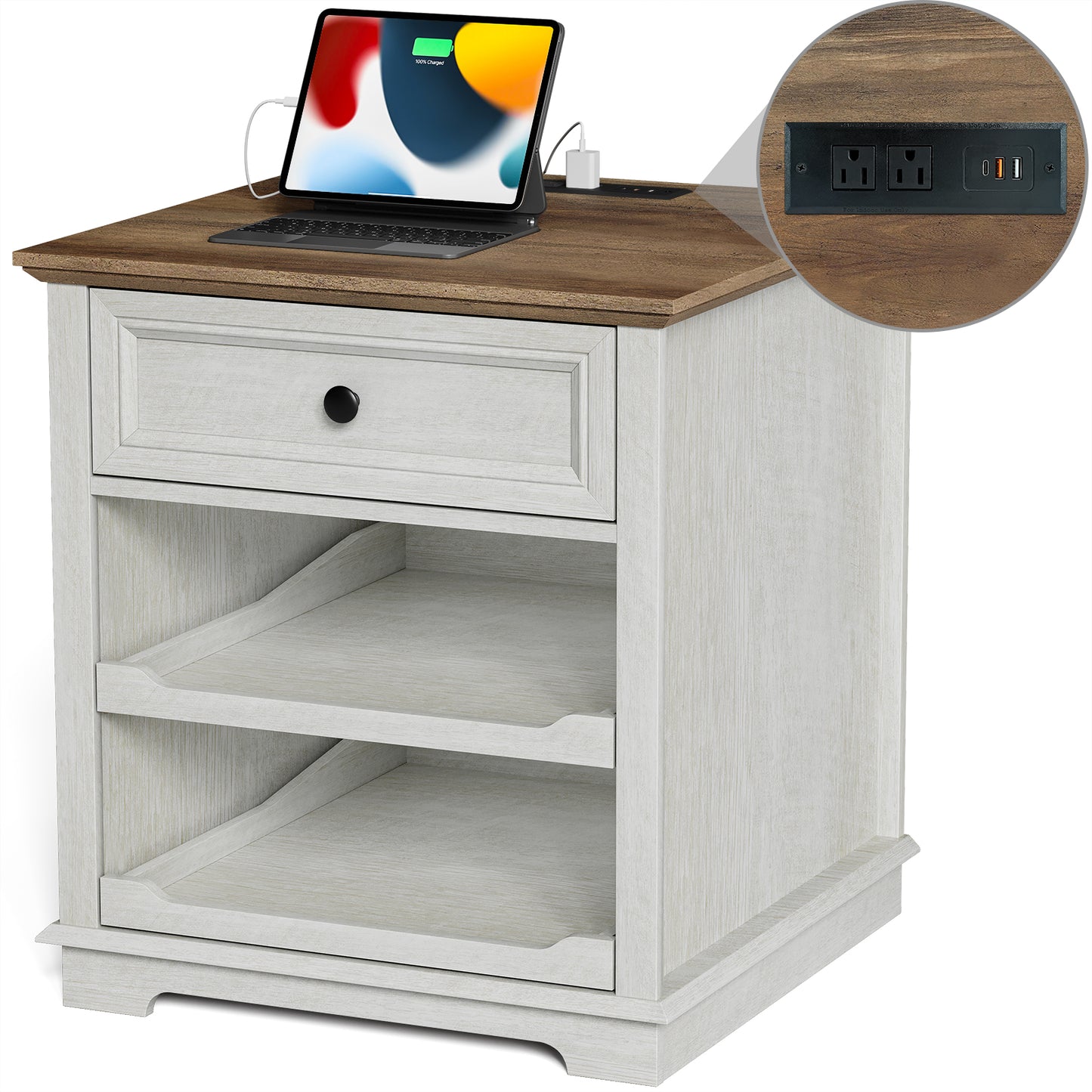 FAGAGA Farmhouse End Table with Charging Station, Side Table with Drawer & Storage Shelf, Nightstand for Living Room Bedroom, Dorm, Office